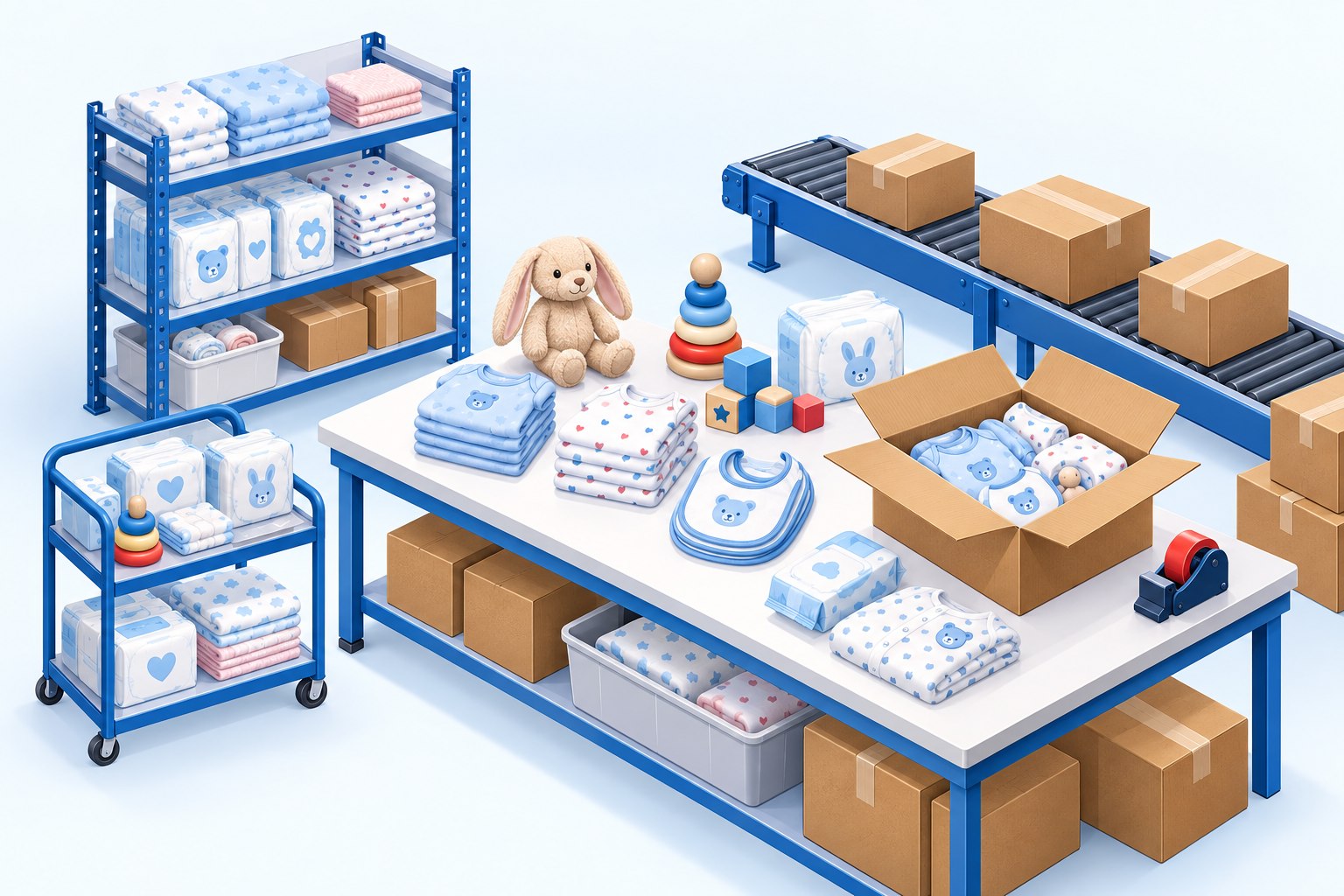 Illustration of baby clothing, bibs, a plush bunny, stacking toys, and product cartons at a packing station