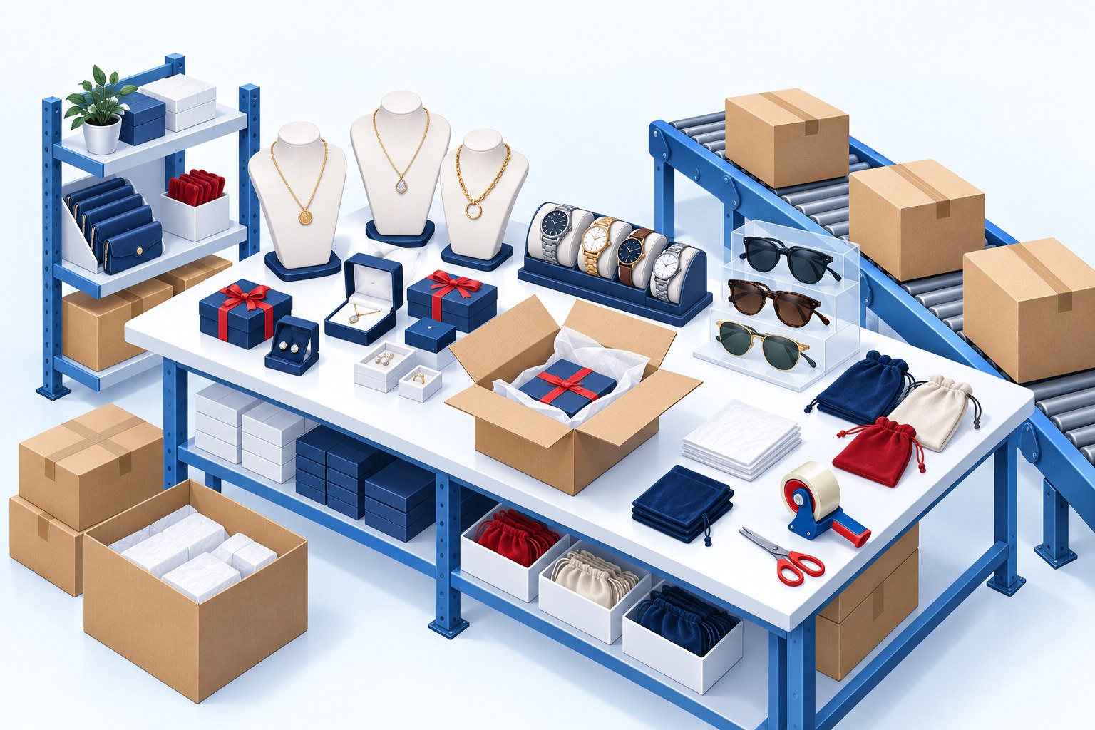 Illustration of necklaces, jewelry gift boxes, watches, sunglasses, and pouches at a warehouse packing station