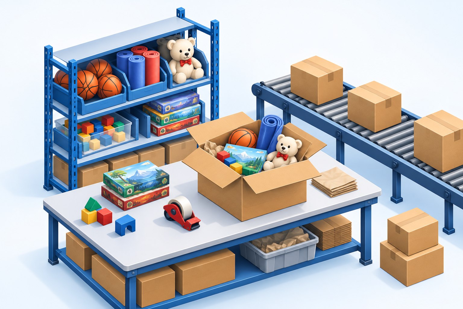Illustration of a basketball, yoga mat, toy blocks, plush bear, and board games at a warehouse packing station