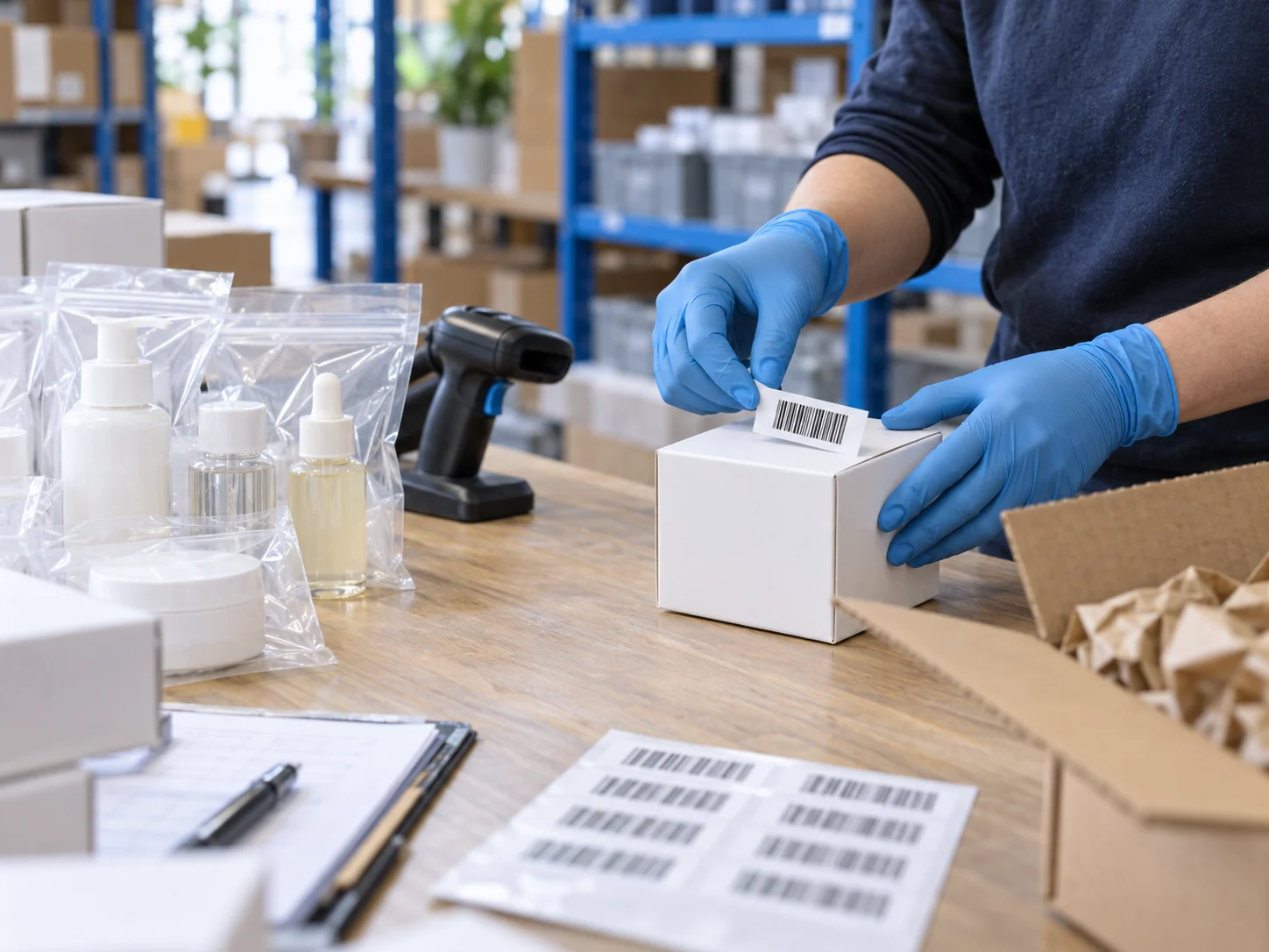 Illustrative product preparation scene with barcode labeling, protective bags and a shipping carton