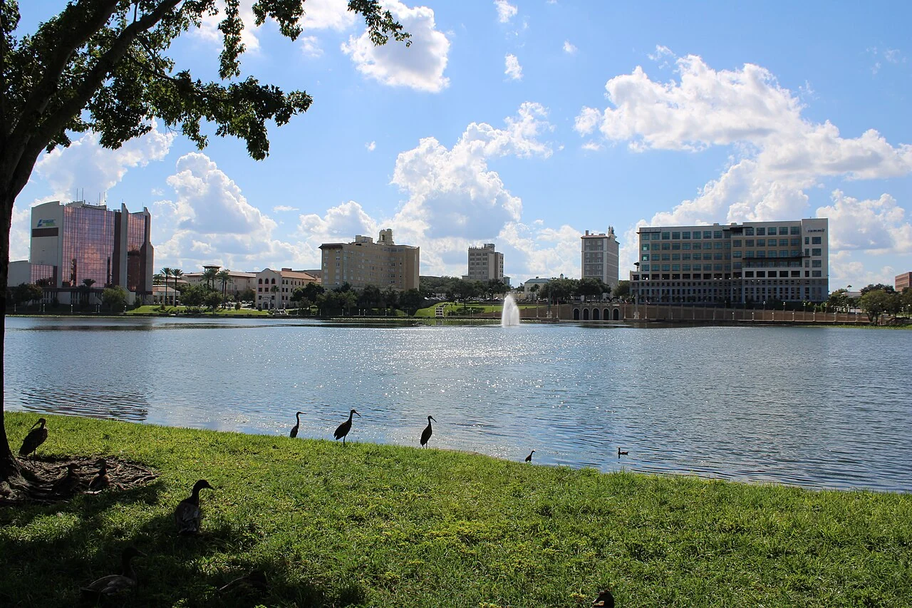 Lake Mirror and downtown Lakeland, Florida, viewed from the eastern shore