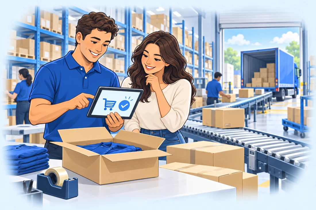 Illustrated fulfillment team member helping an ecommerce business owner with an order workflow