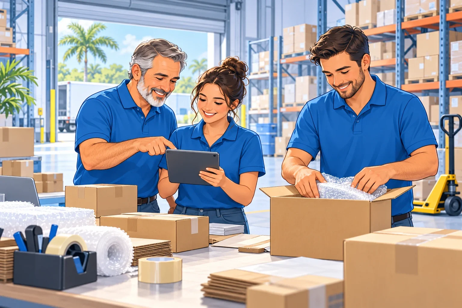 Illustration of a family-business team working together to pack customer orders in a warehouse