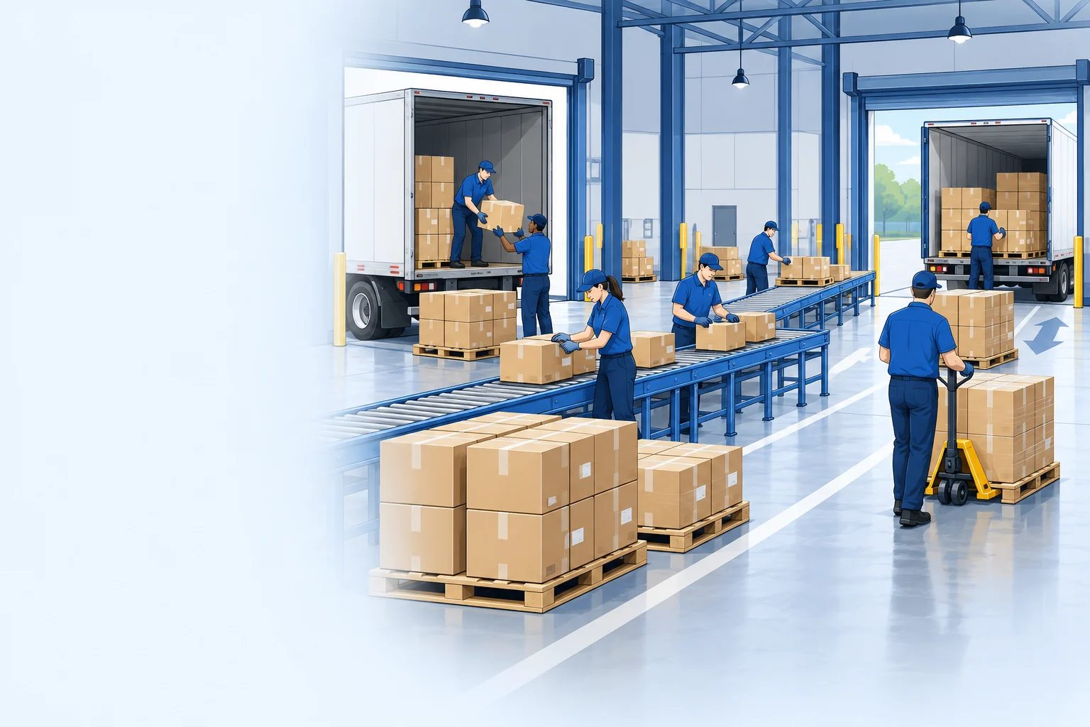 Illustrated warehouse team preparing cartons for pickup at shipping bays
