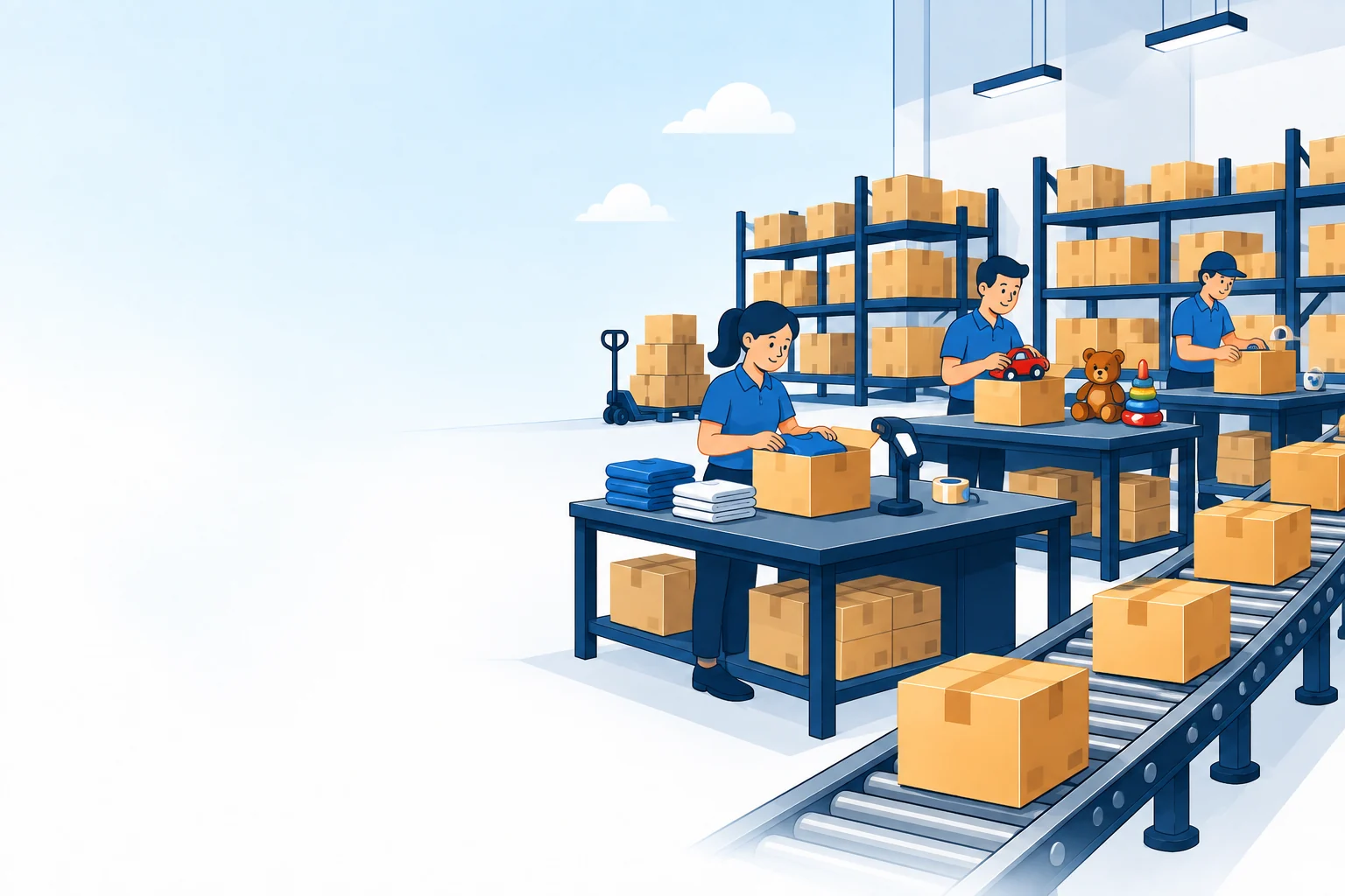 Illustrated fulfillment team preparing and organizing ecommerce products