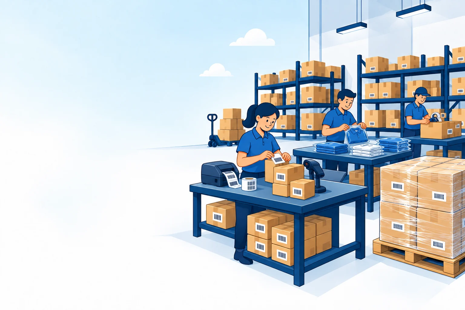 Illustrated worker preparing labels and cartons for Amazon inventory