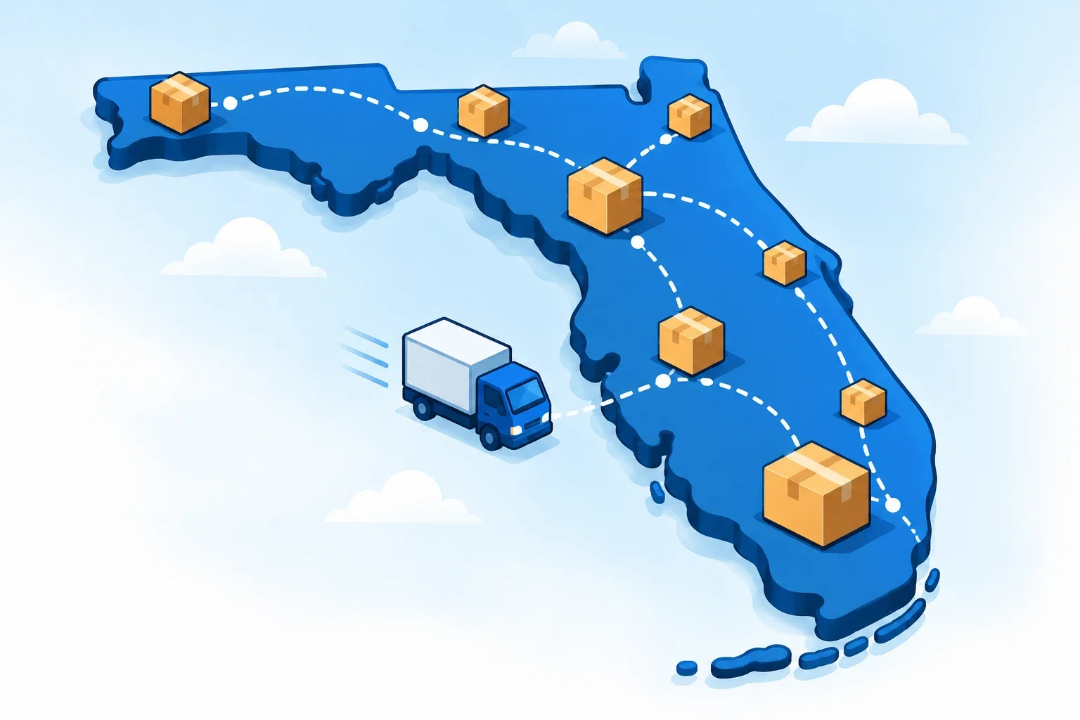 Illustrated Florida map with shipping packages