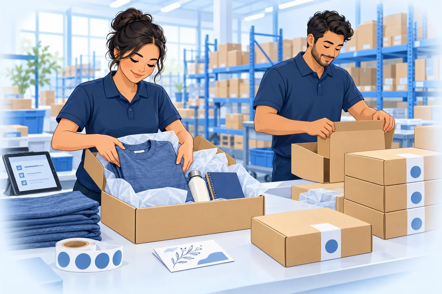 Illustrated fulfillment team assembling a custom product kit with apparel, a bottle and a notebook