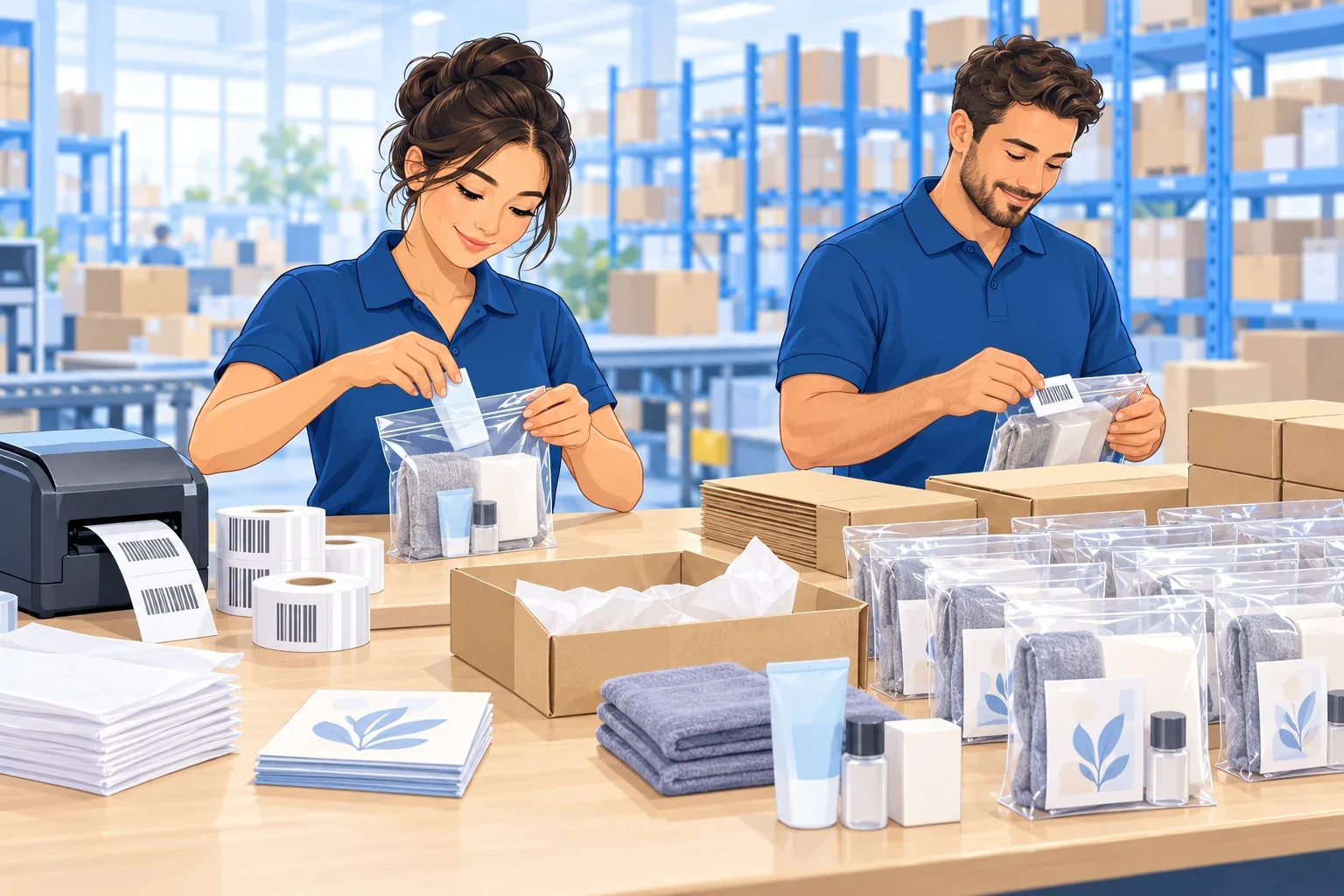 Illustrated warehouse associates poly bagging products and applying labels to finished multipacks