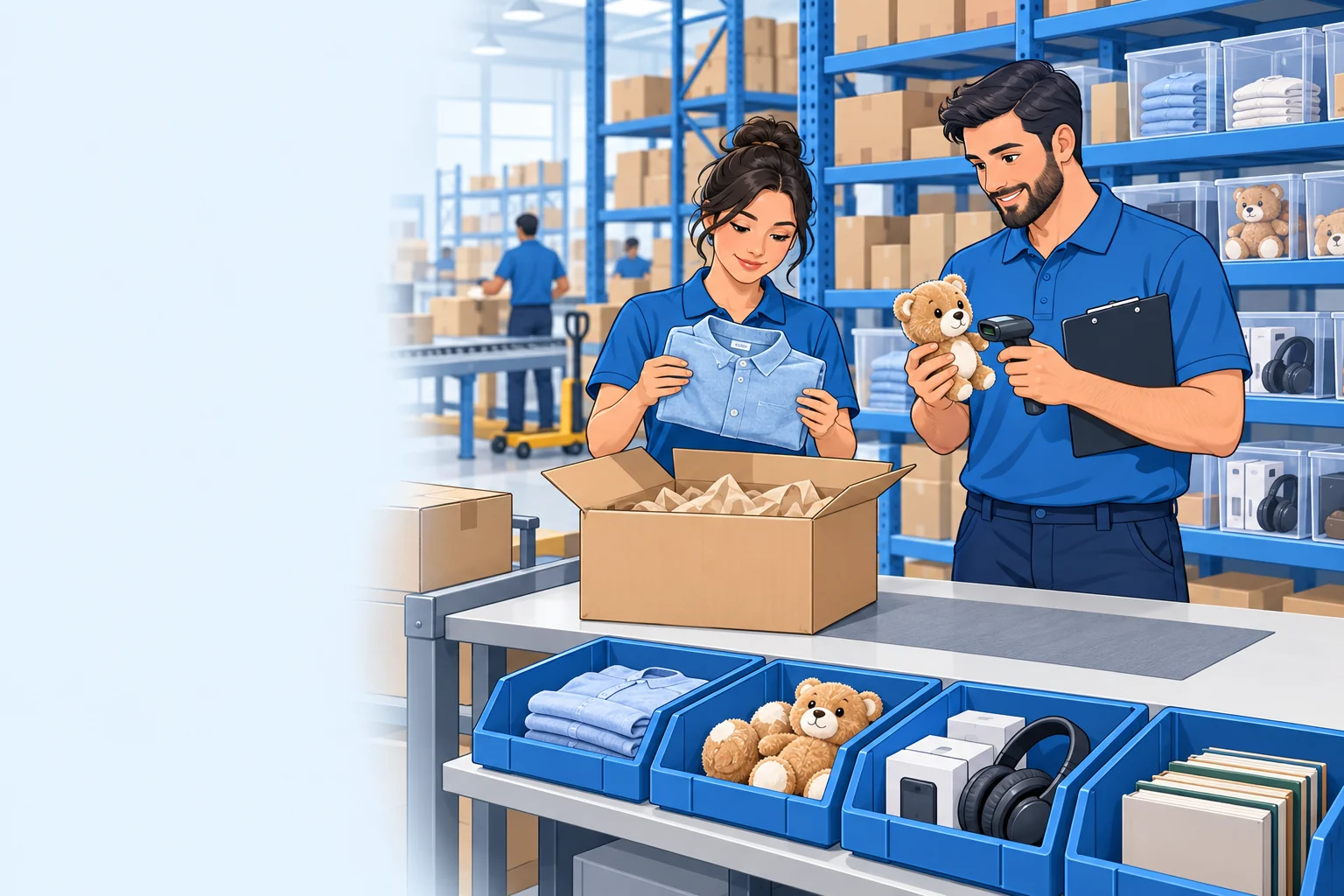 Illustrated fulfillment team inspecting returned products