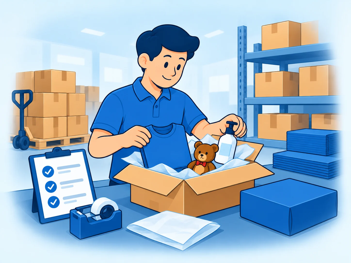 Illustrated fulfillment specialist preparing a custom-packed order with clothing, toys, and beauty products