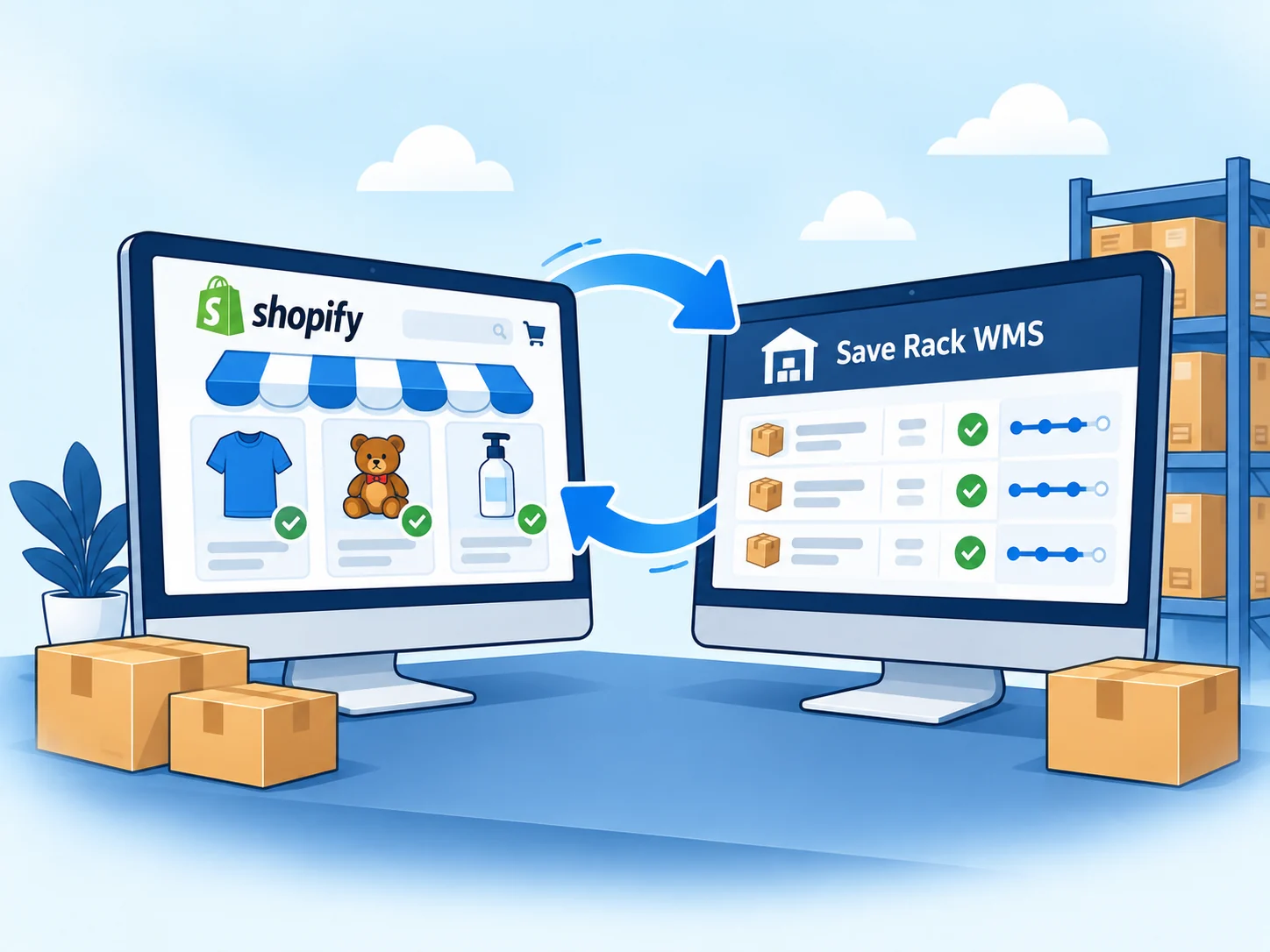 Illustrated ecommerce inventory system connected to warehouse operations