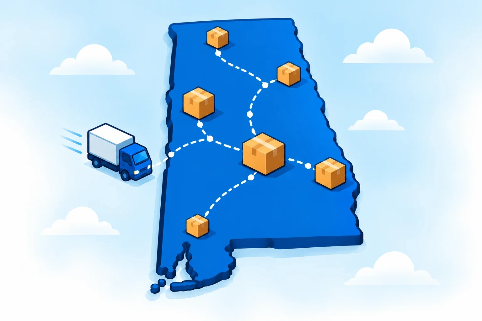 Illustrated Alabama map with shipping packages
