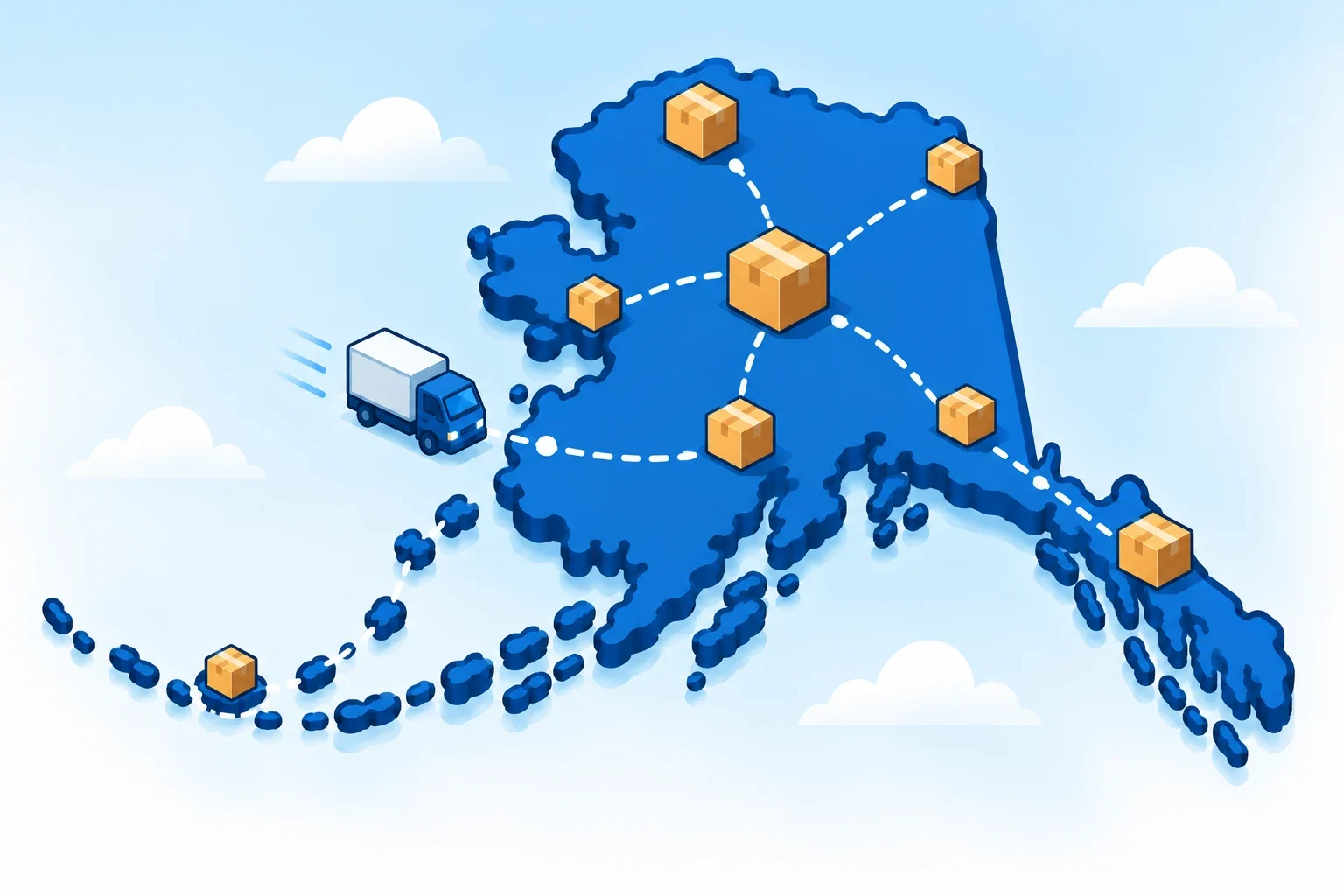 Illustrated state of Alaska with shipping packages, delivery routes and a blue delivery truck