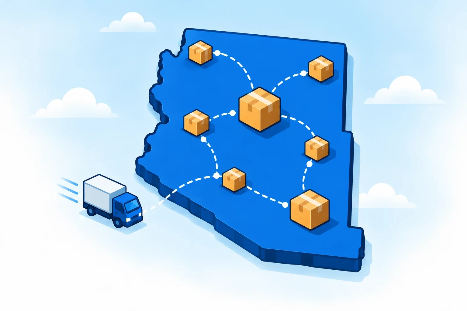 Illustrated Arizona map with shipping packages