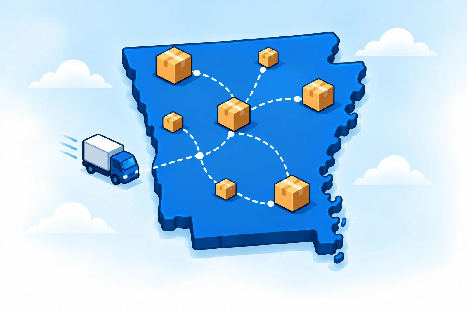 Illustrated Arkansas map with shipping packages