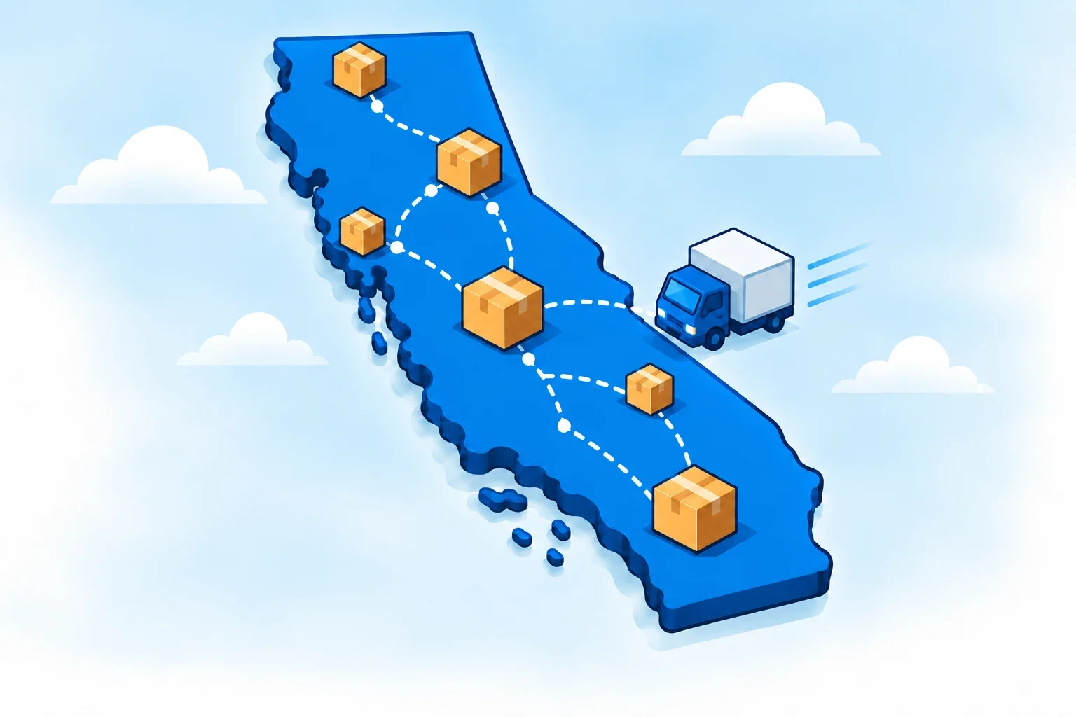Illustrated California map with shipping packages