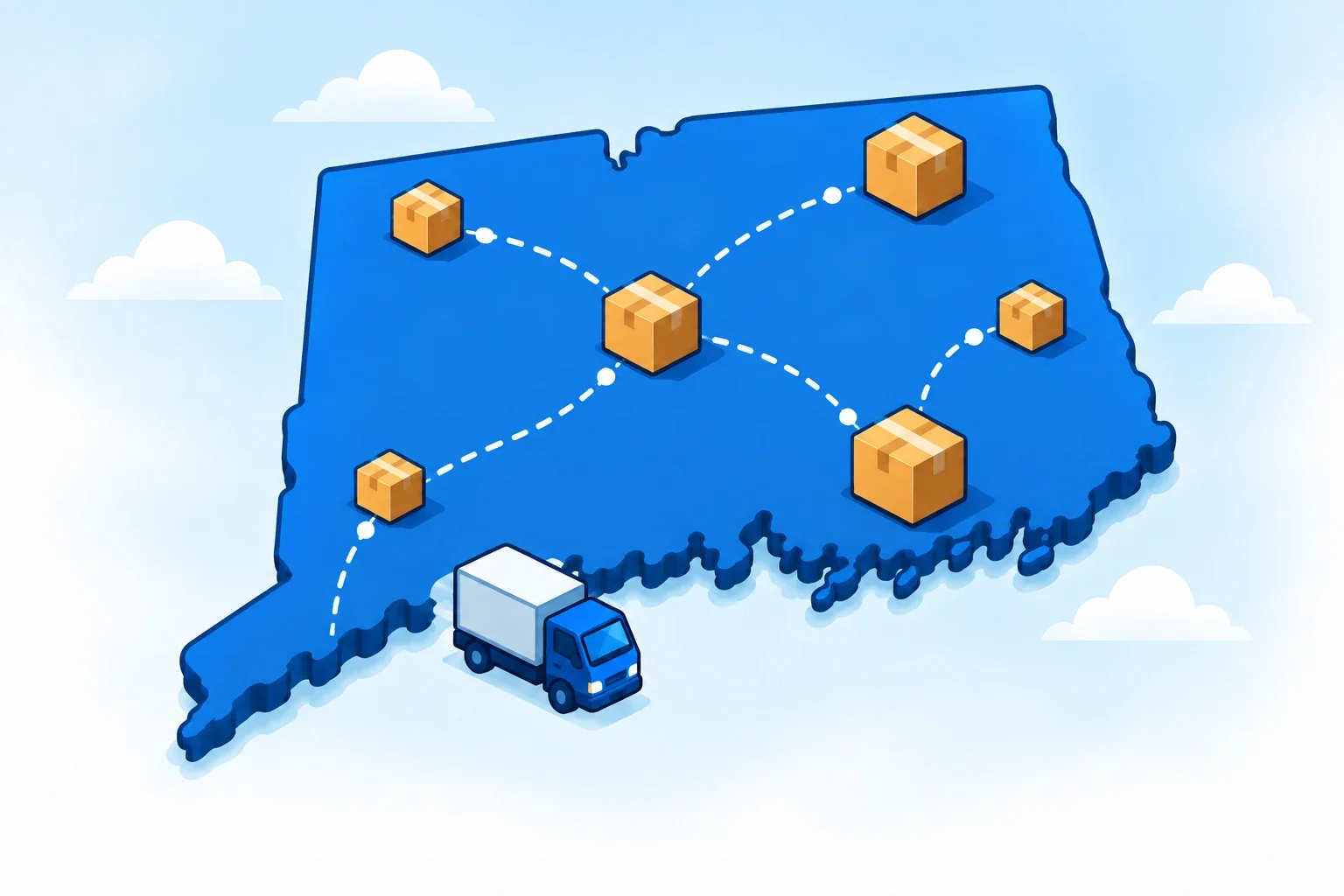 Illustrated Connecticut map with shipping packages