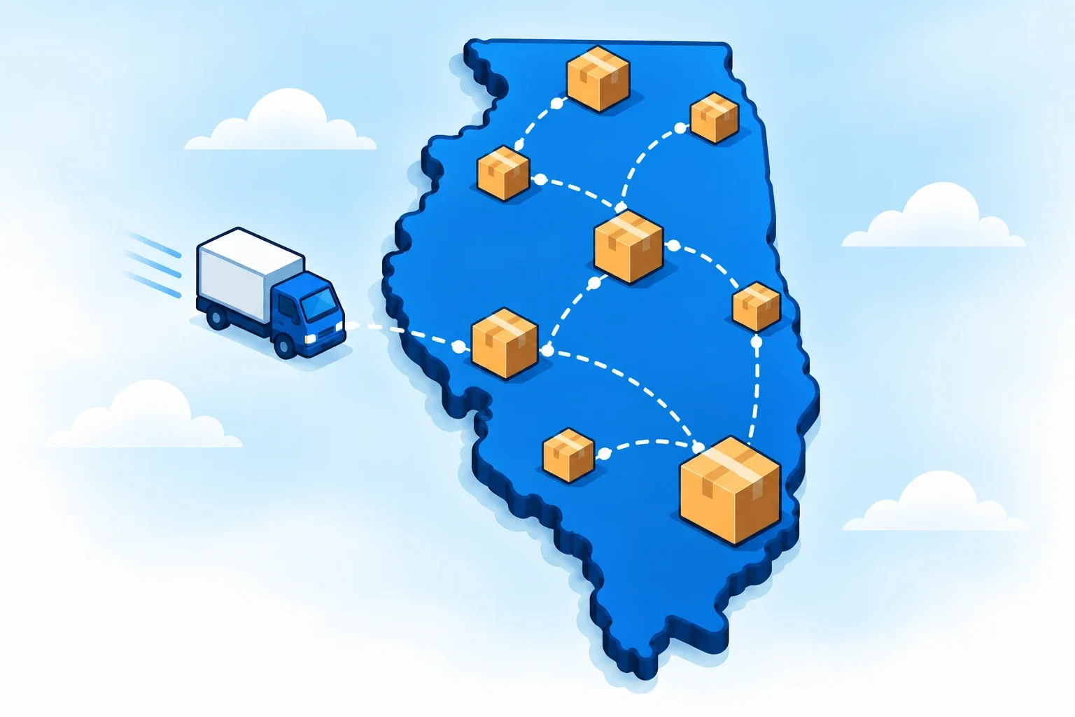 Illustrated state of Illinois with shipping packages, delivery routes and a blue delivery truck