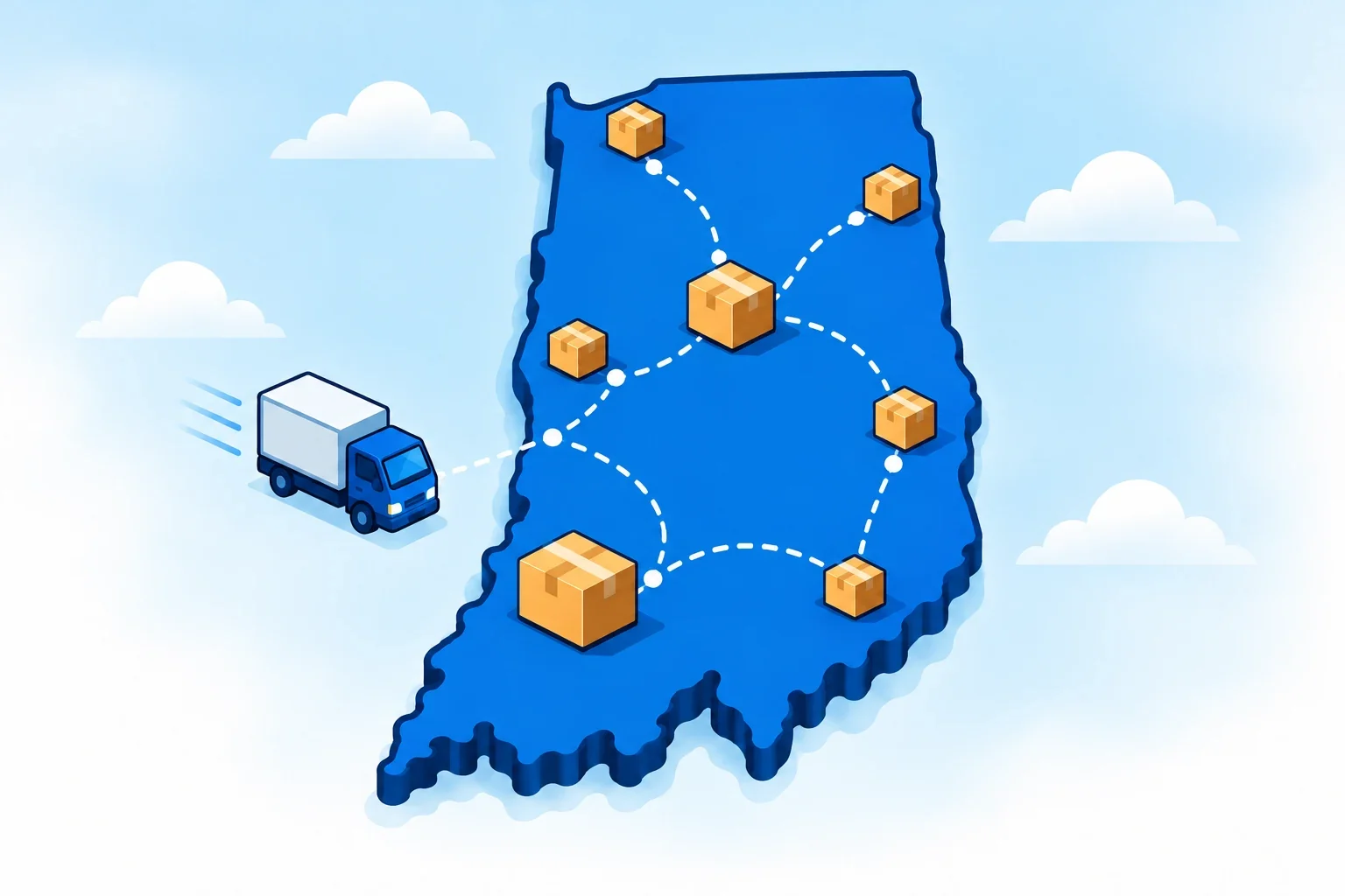 Illustrated Indiana map with shipping packages
