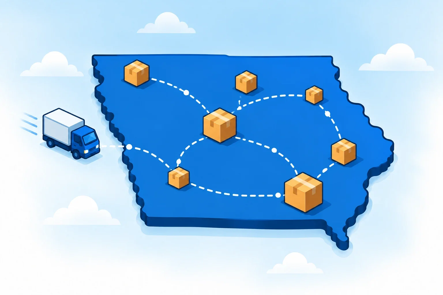Illustrated Iowa map with shipping packages