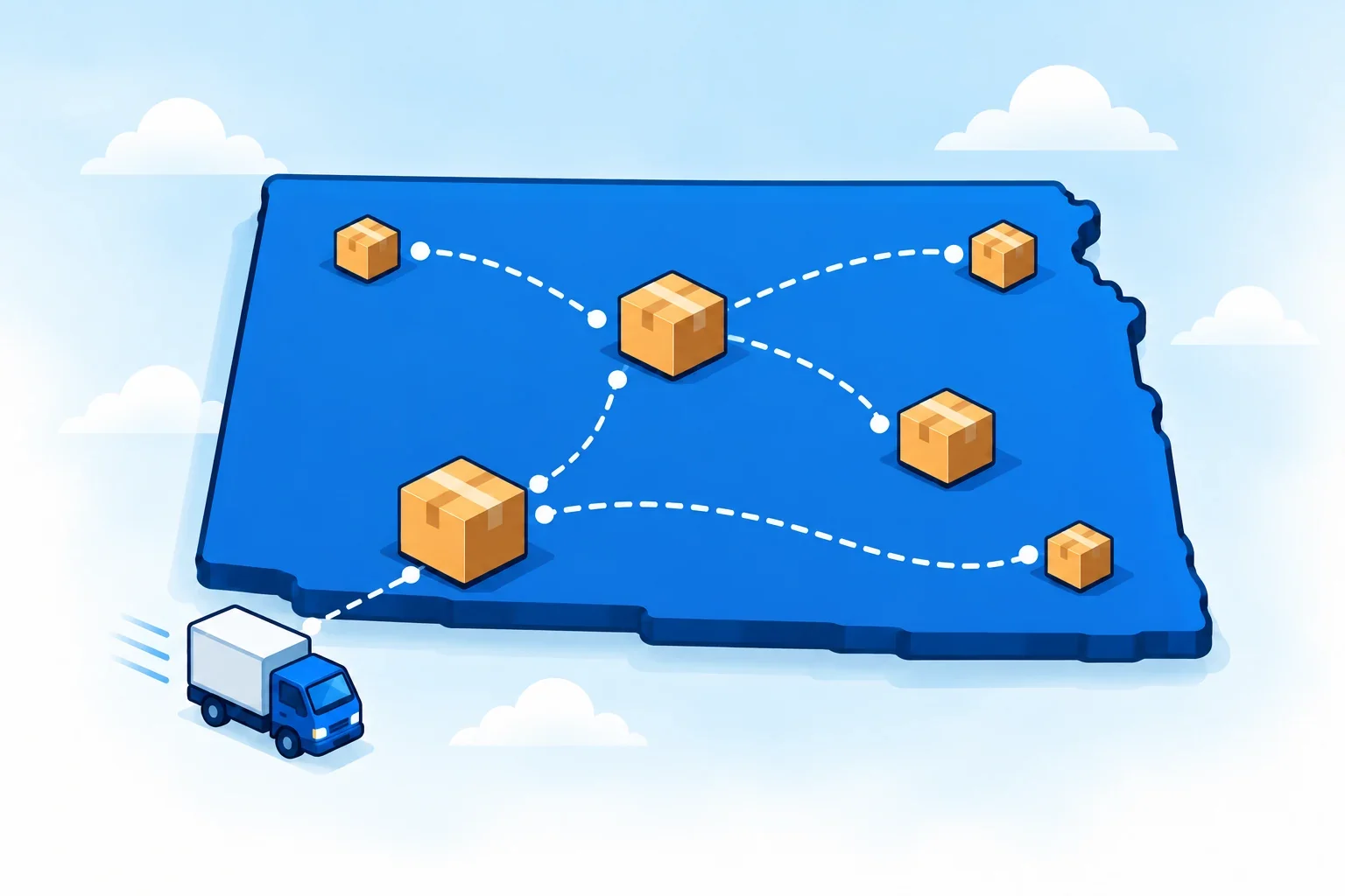 Illustrated Kansas map with shipping packages