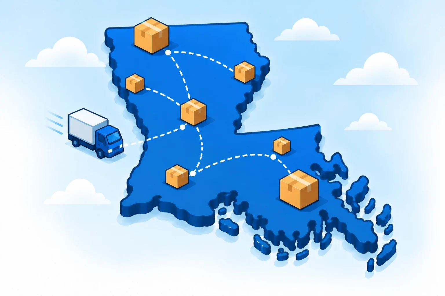 Illustrated Louisiana map with shipping packages