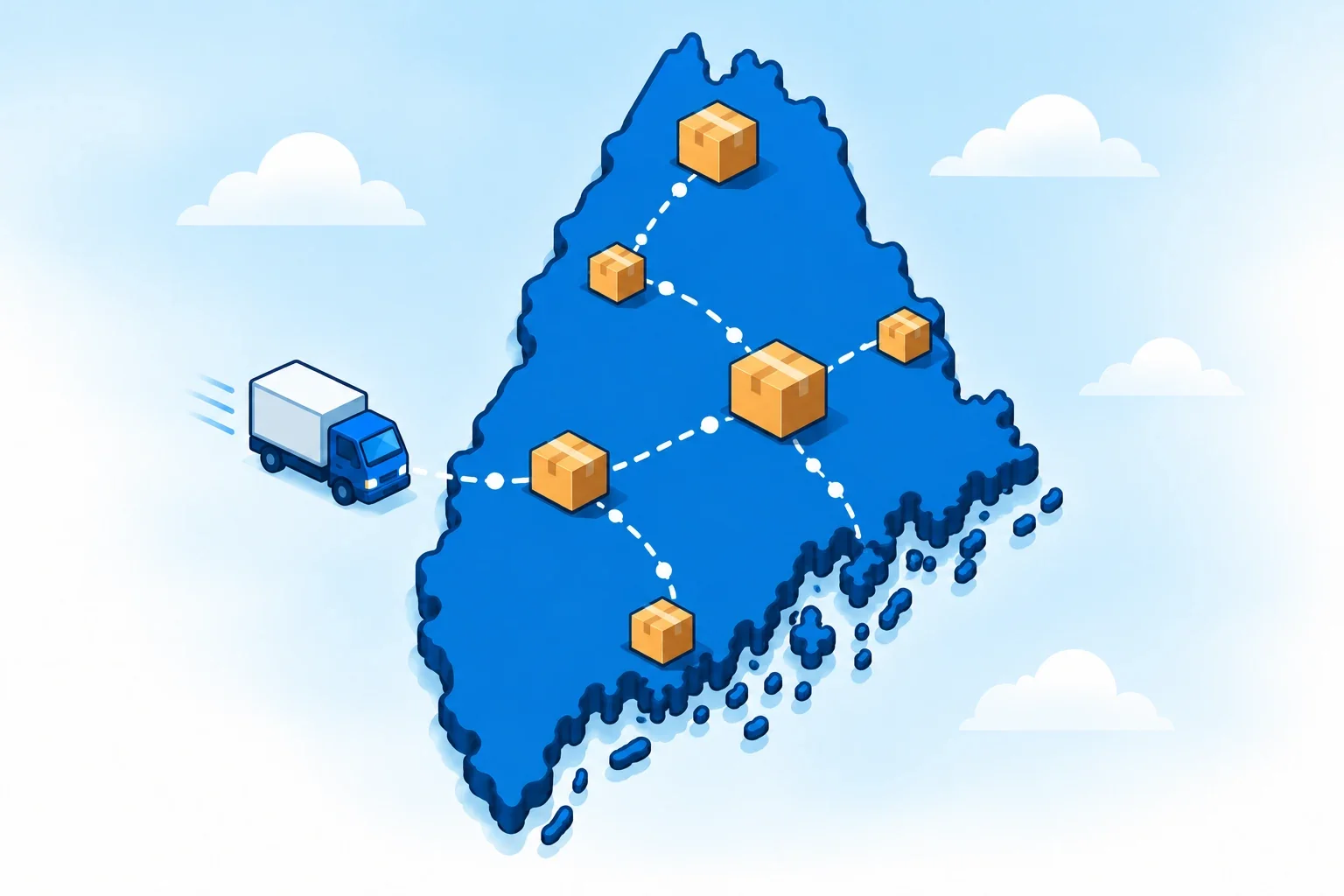 Illustrated Maine map with shipping packages