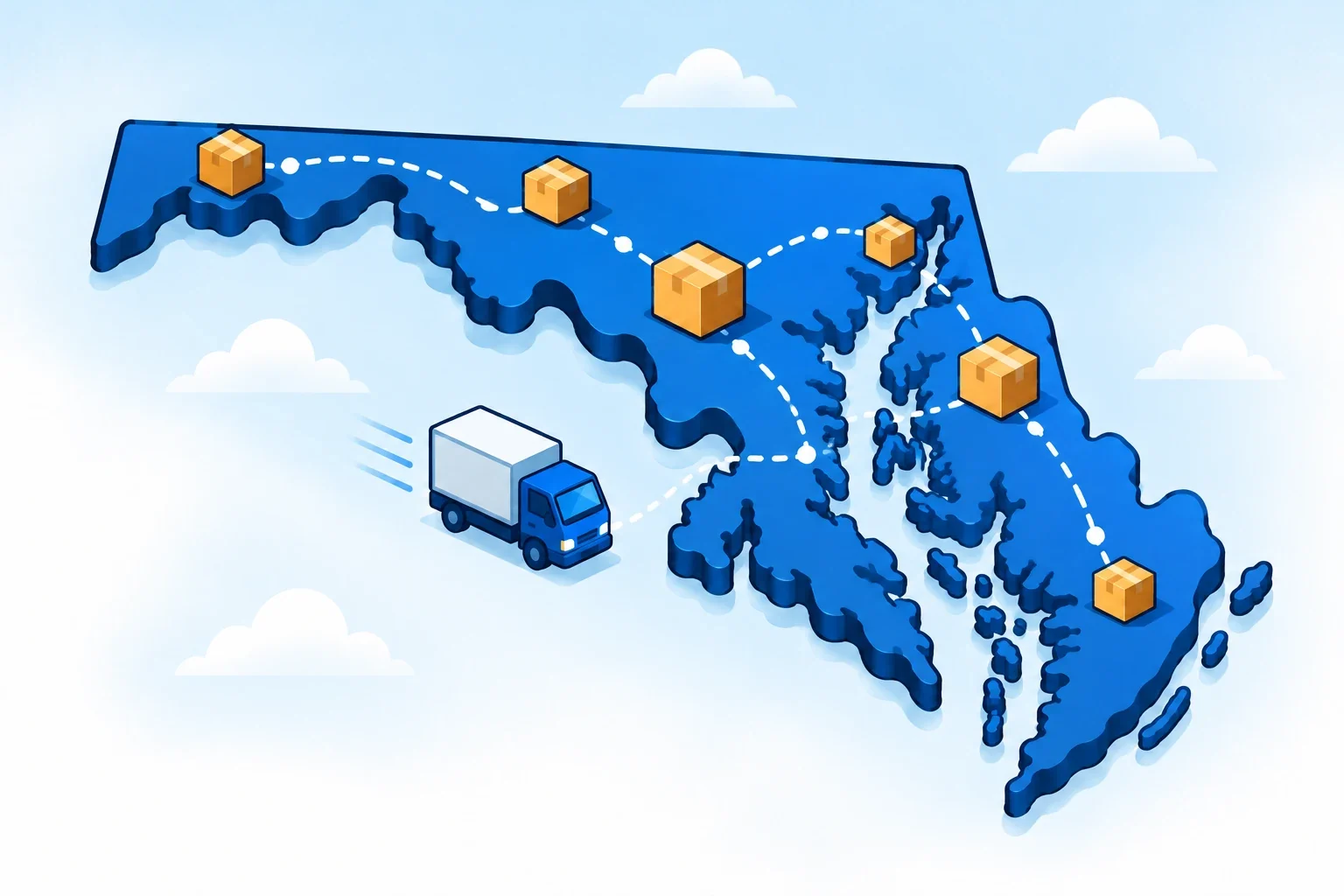 Illustrated Maryland map with shipping packages