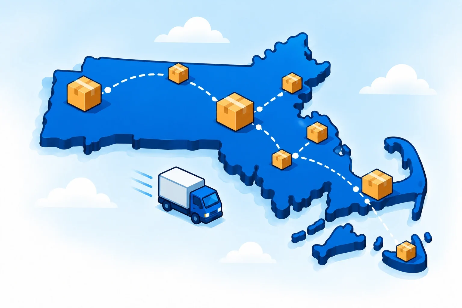 Illustrated Massachusetts map with shipping packages