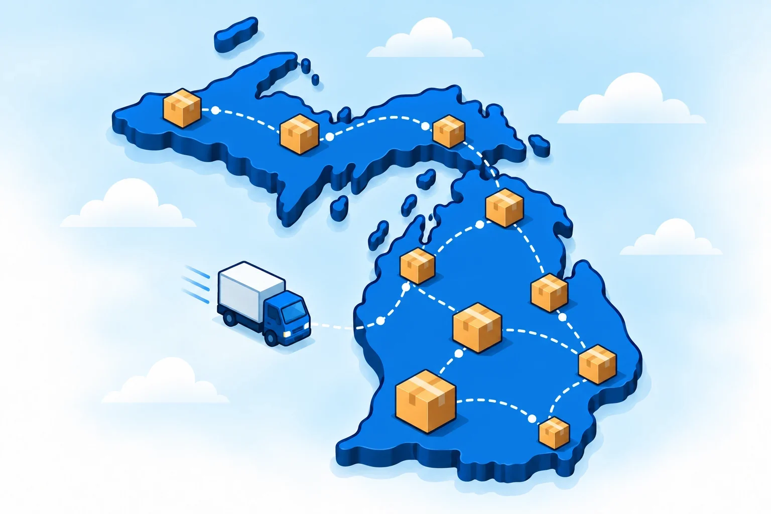 Illustrated Michigan map with shipping packages