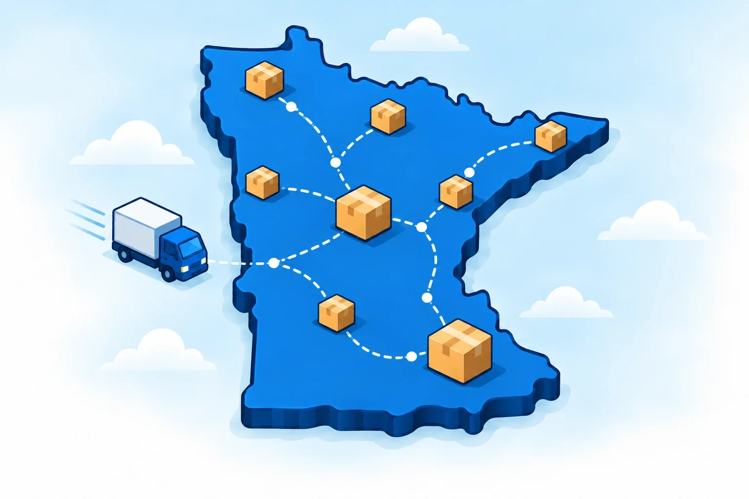 Illustrated Minnesota map with shipping packages