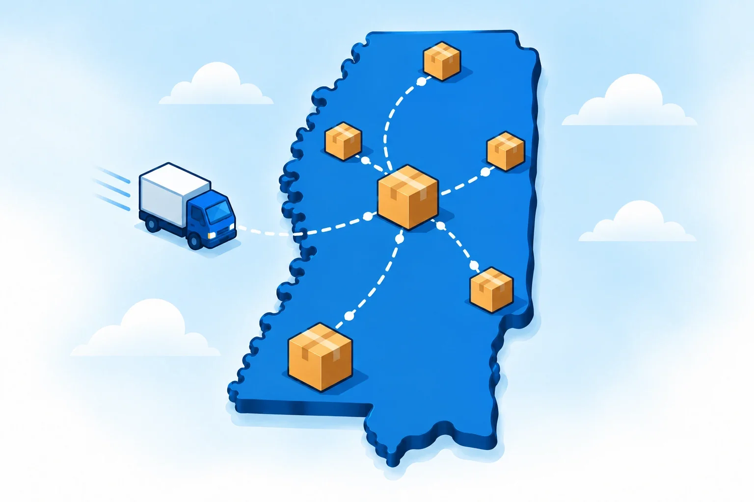 Illustrated Mississippi map with shipping packages