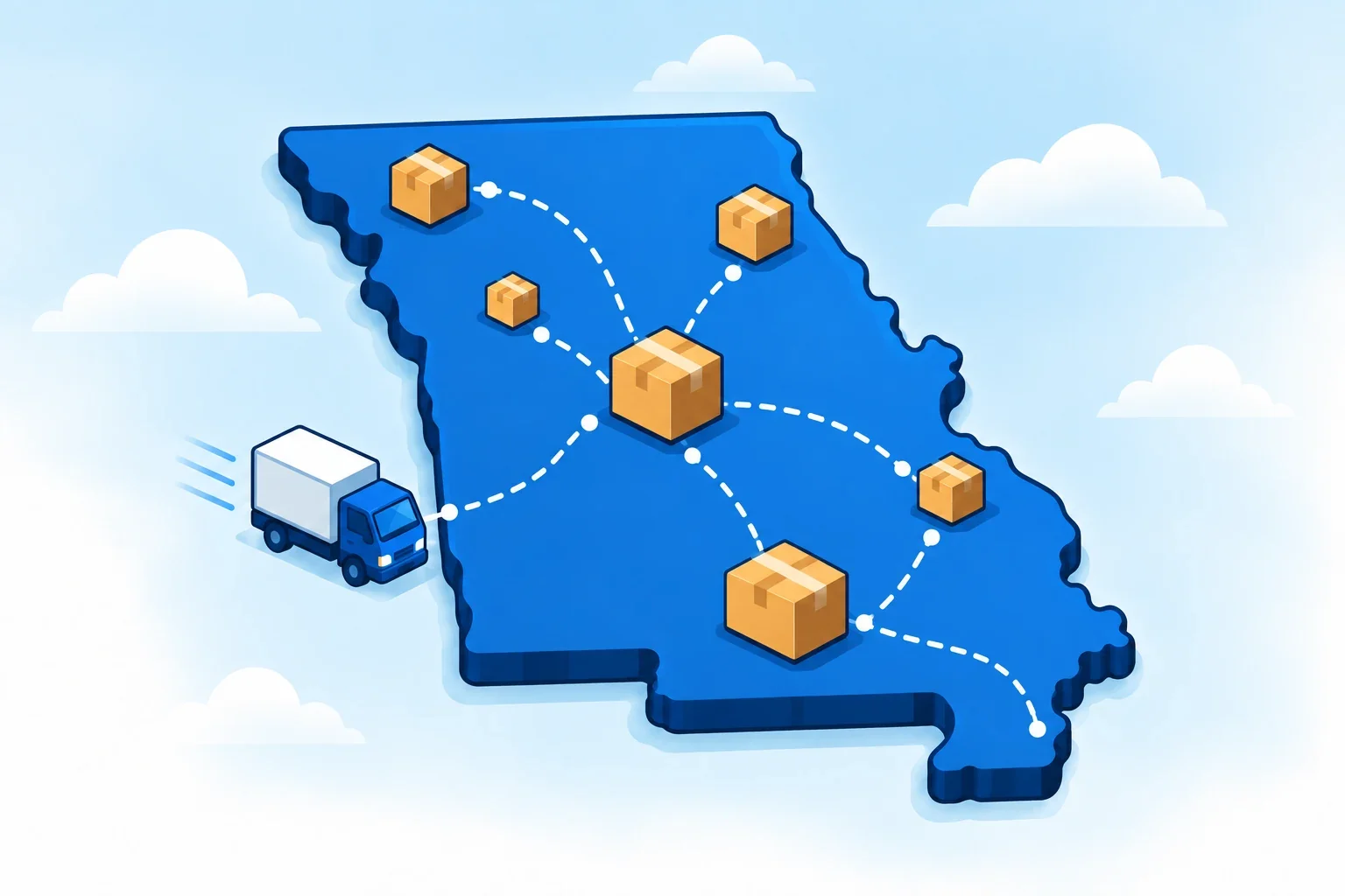 Illustrated Missouri map with shipping packages