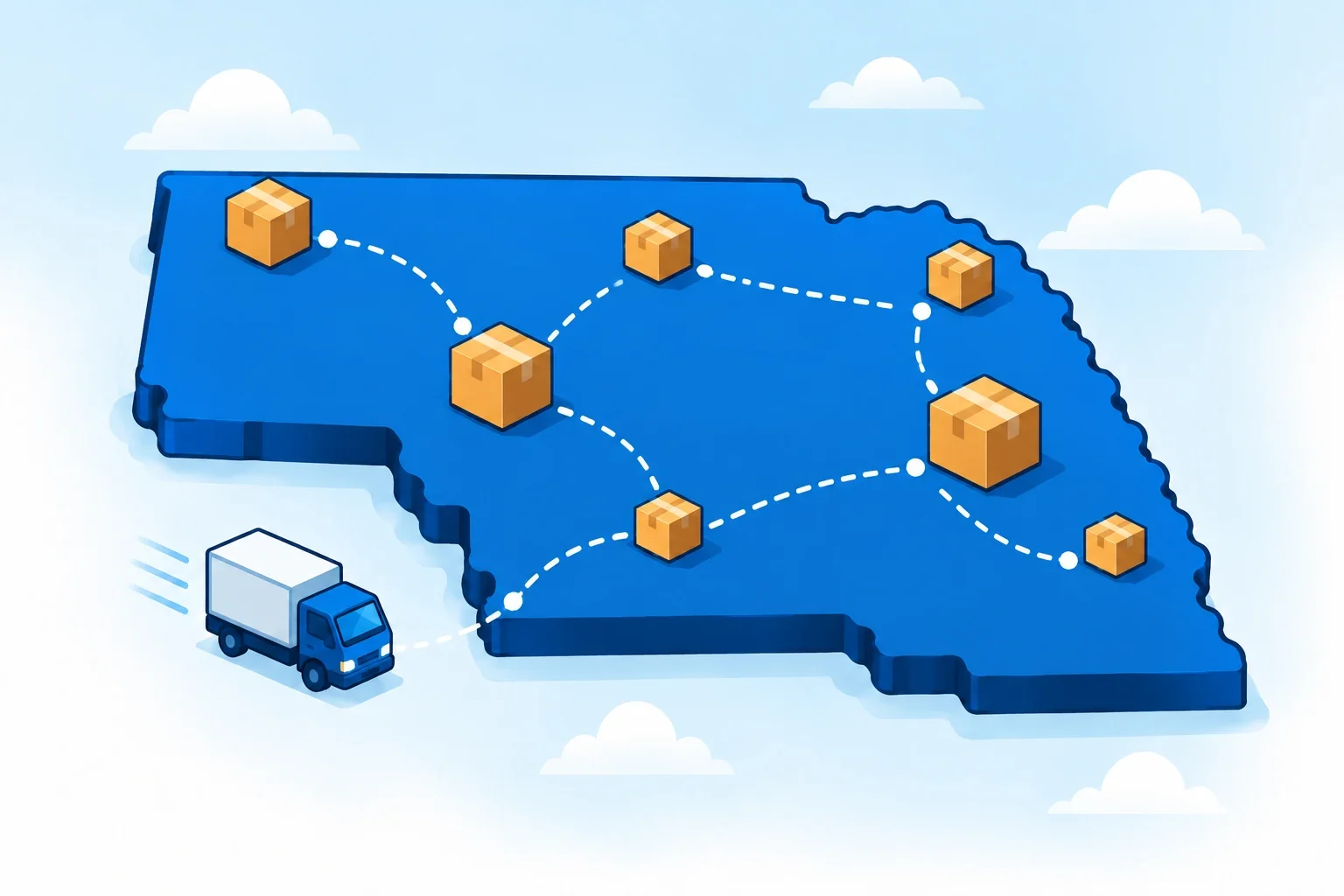 Illustrated state of Nebraska with shipping packages, delivery routes and a blue delivery truck