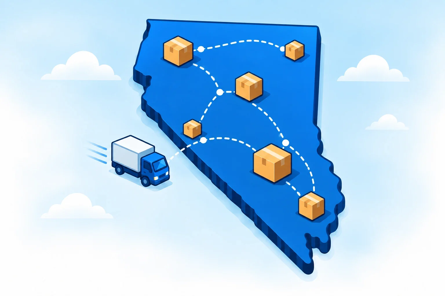 Illustrated state of Nevada with shipping packages, delivery routes and a blue delivery truck