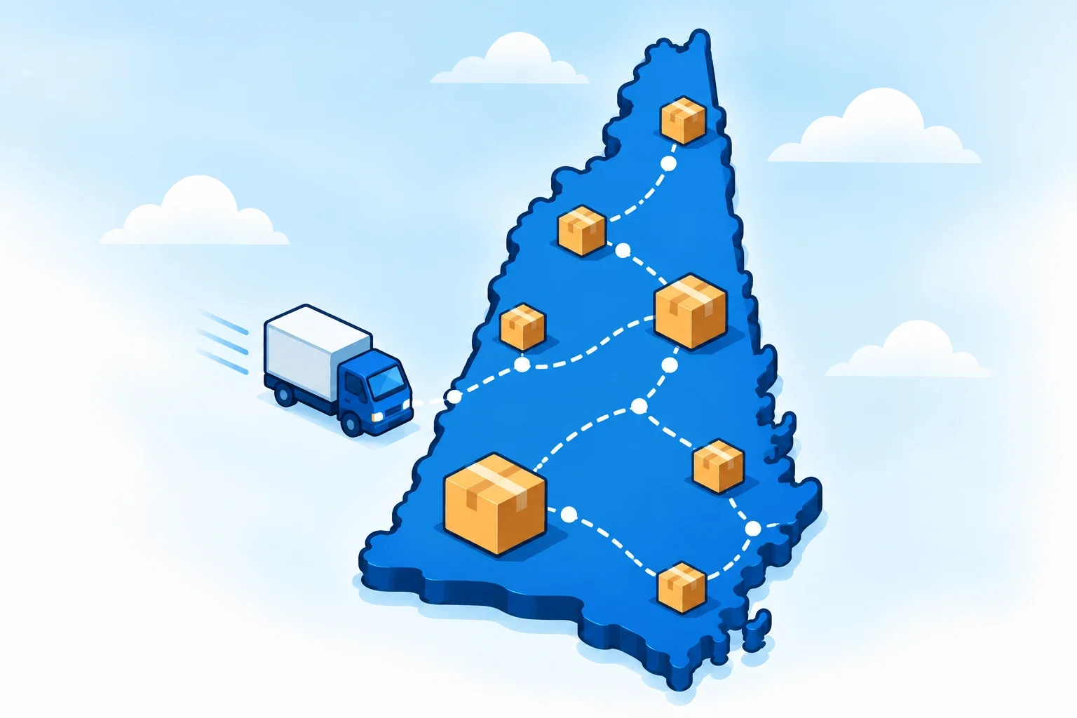 Illustrated New Hampshire map with shipping packages