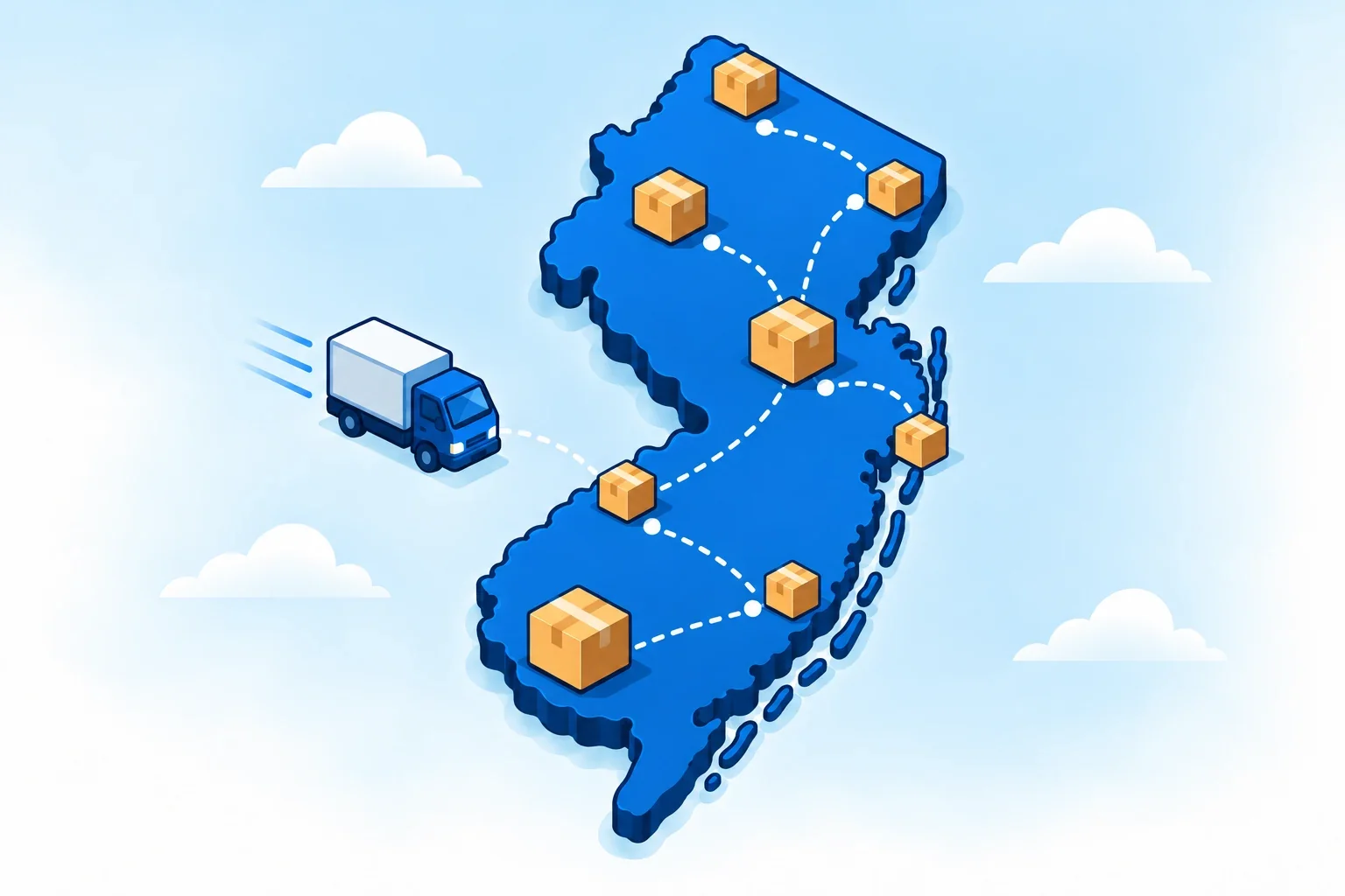Illustrated New Jersey map with shipping packages