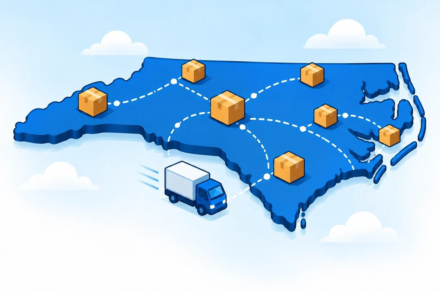 Illustrated North Carolina map with shipping packages