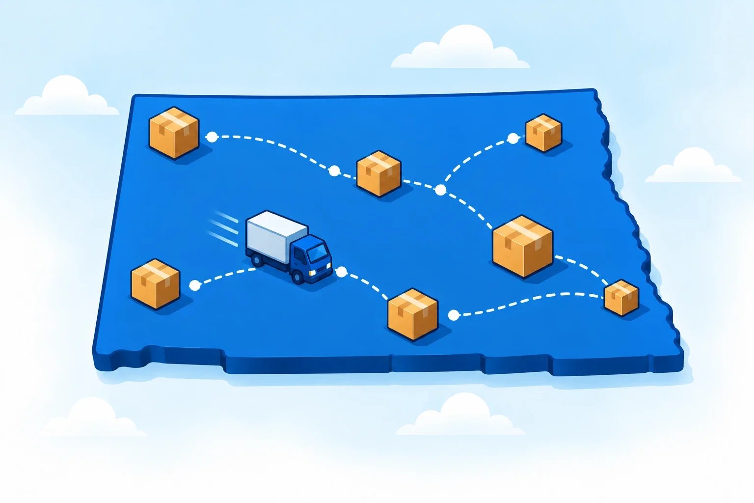 Illustrated North Dakota map with shipping packages