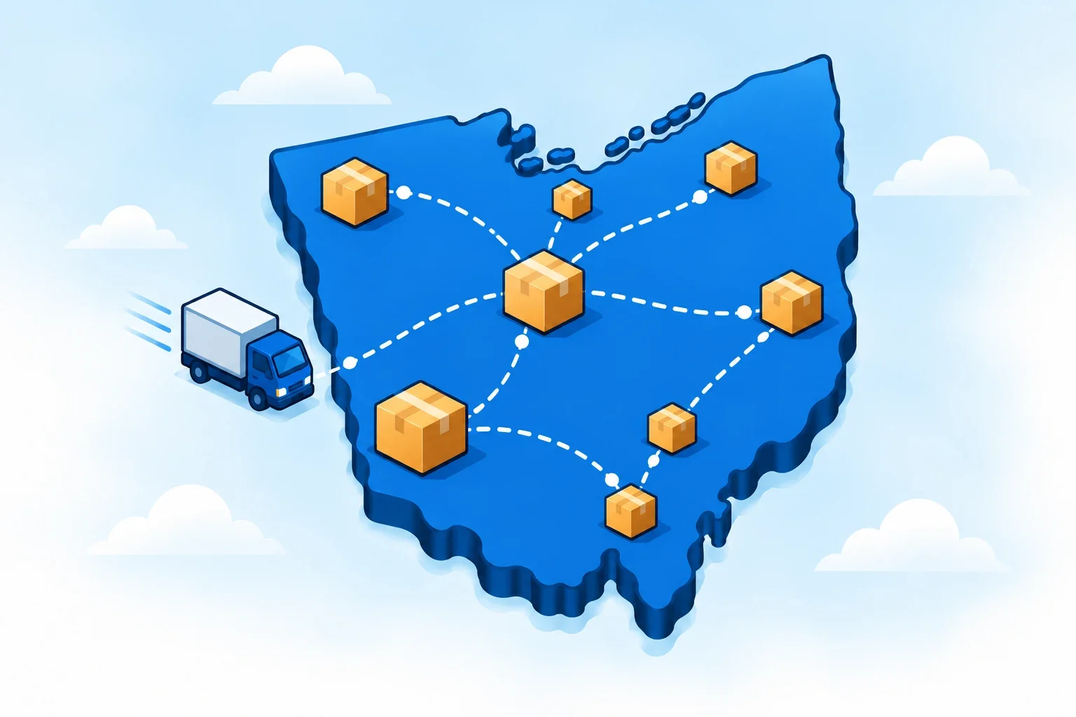 Illustrated Ohio map with shipping packages
