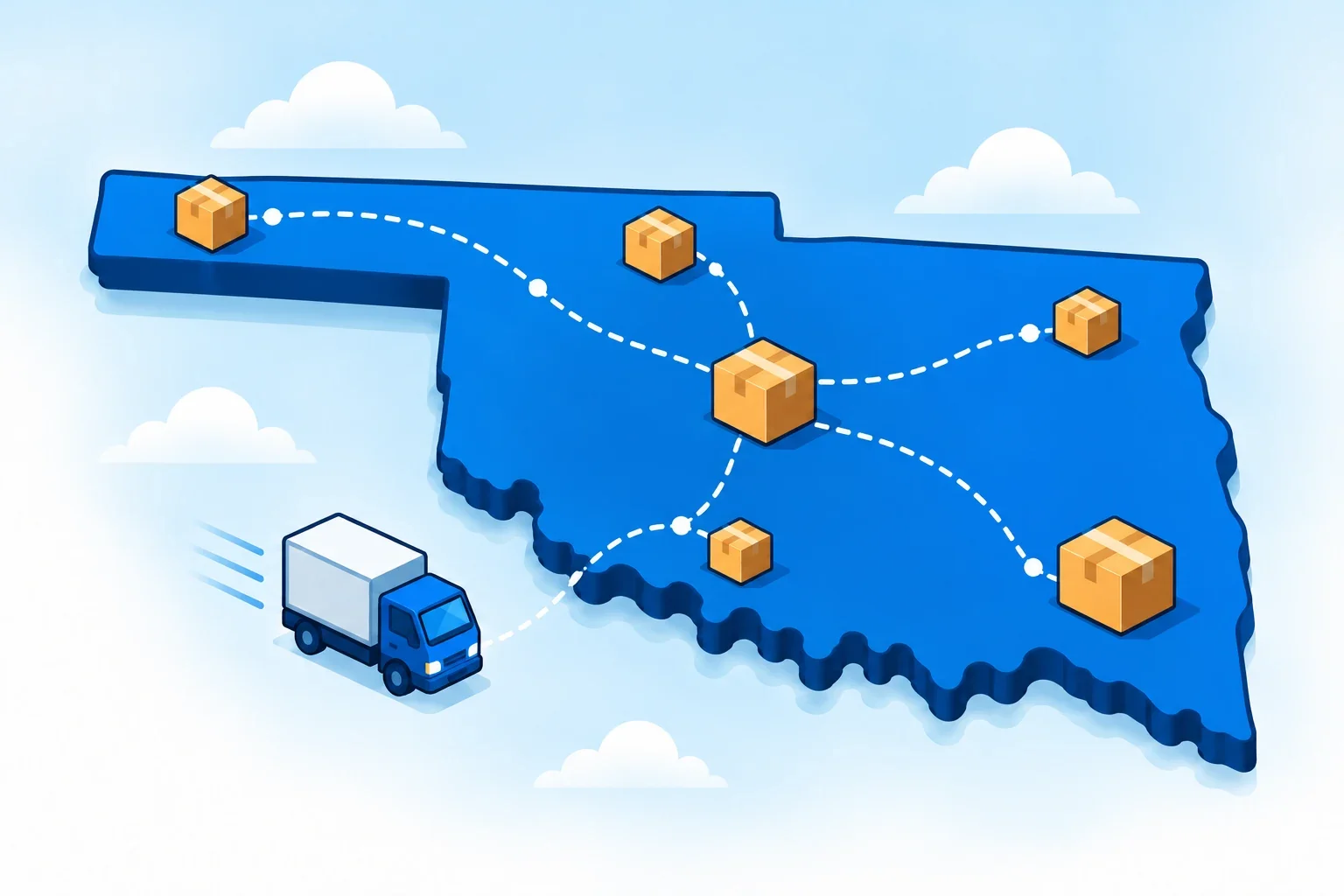 Illustrated state of Oklahoma with shipping packages, delivery routes and a blue delivery truck