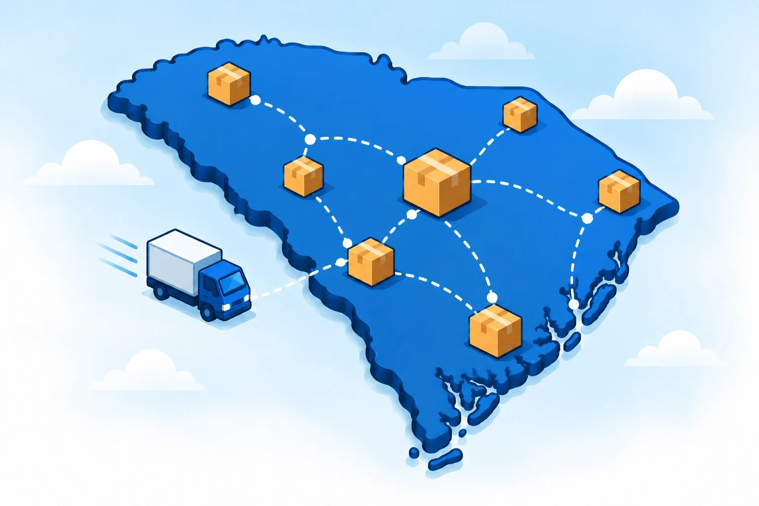 Illustrated South Carolina map with shipping packages