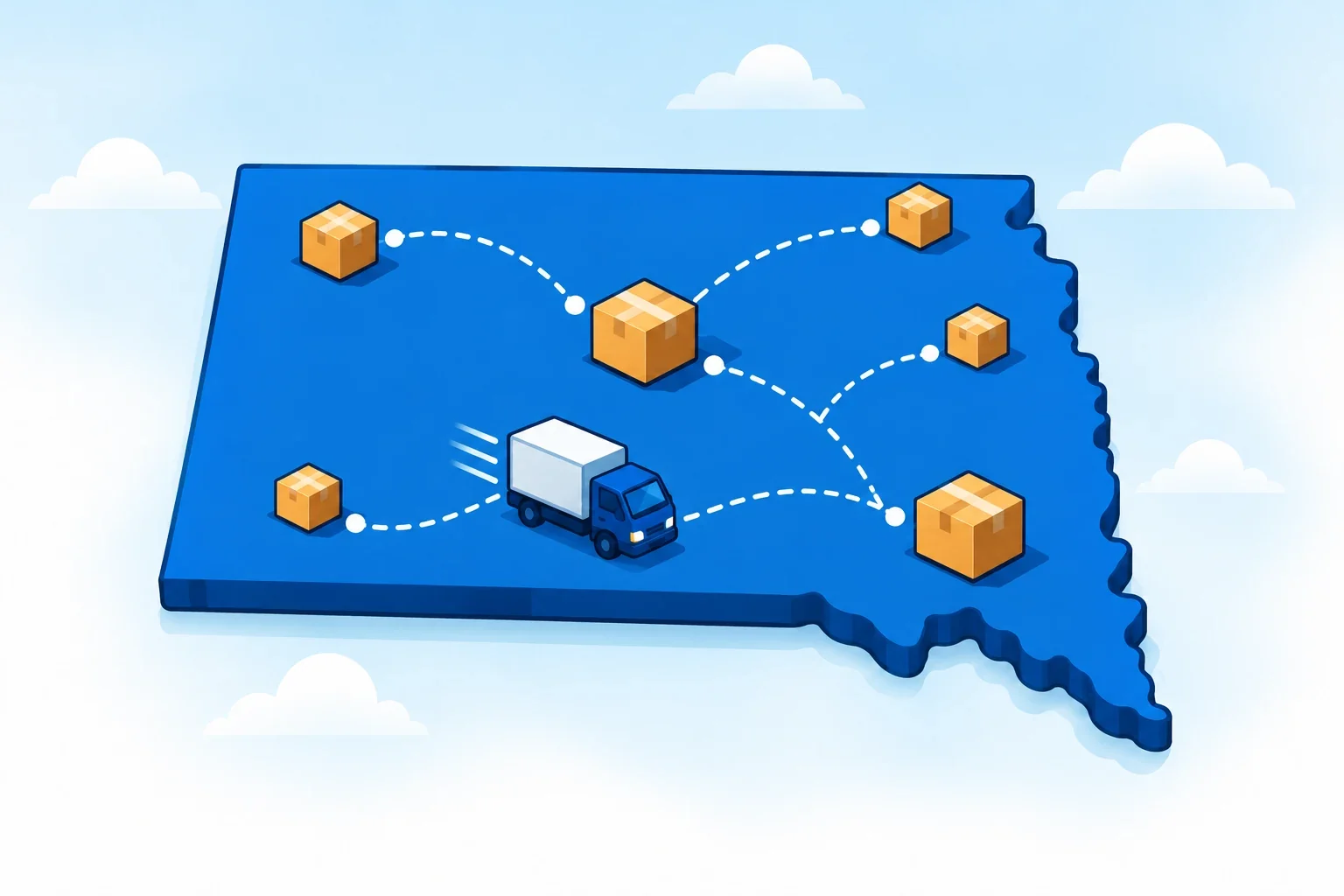 Illustrated South Dakota map with shipping packages