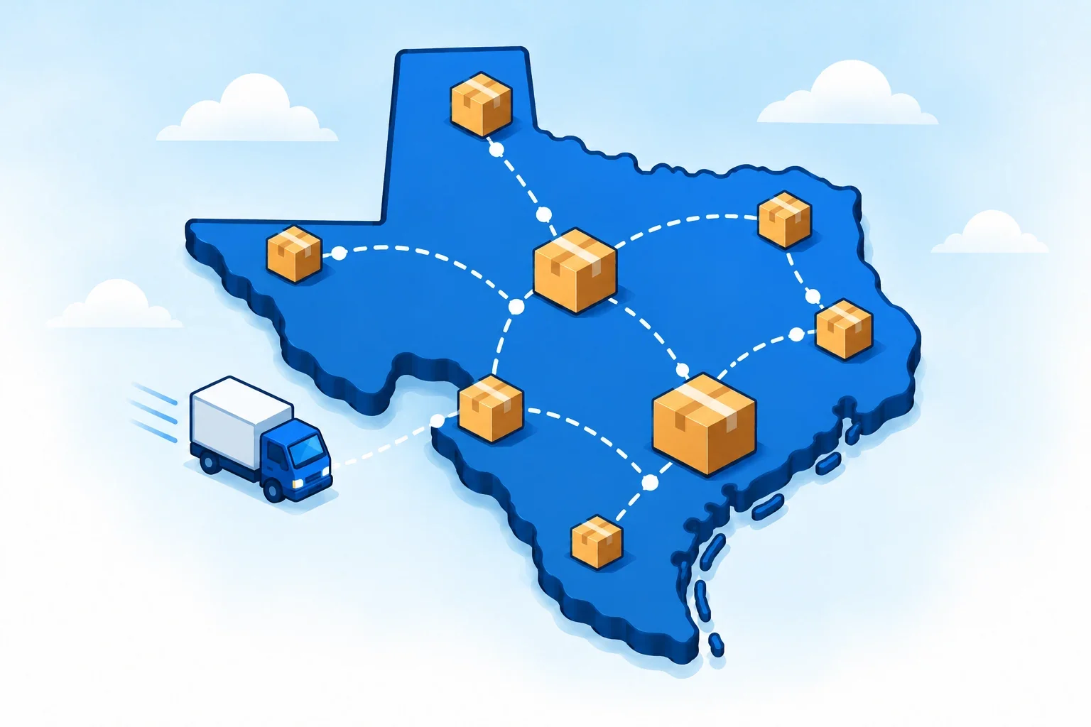 Illustrated Texas map with shipping packages