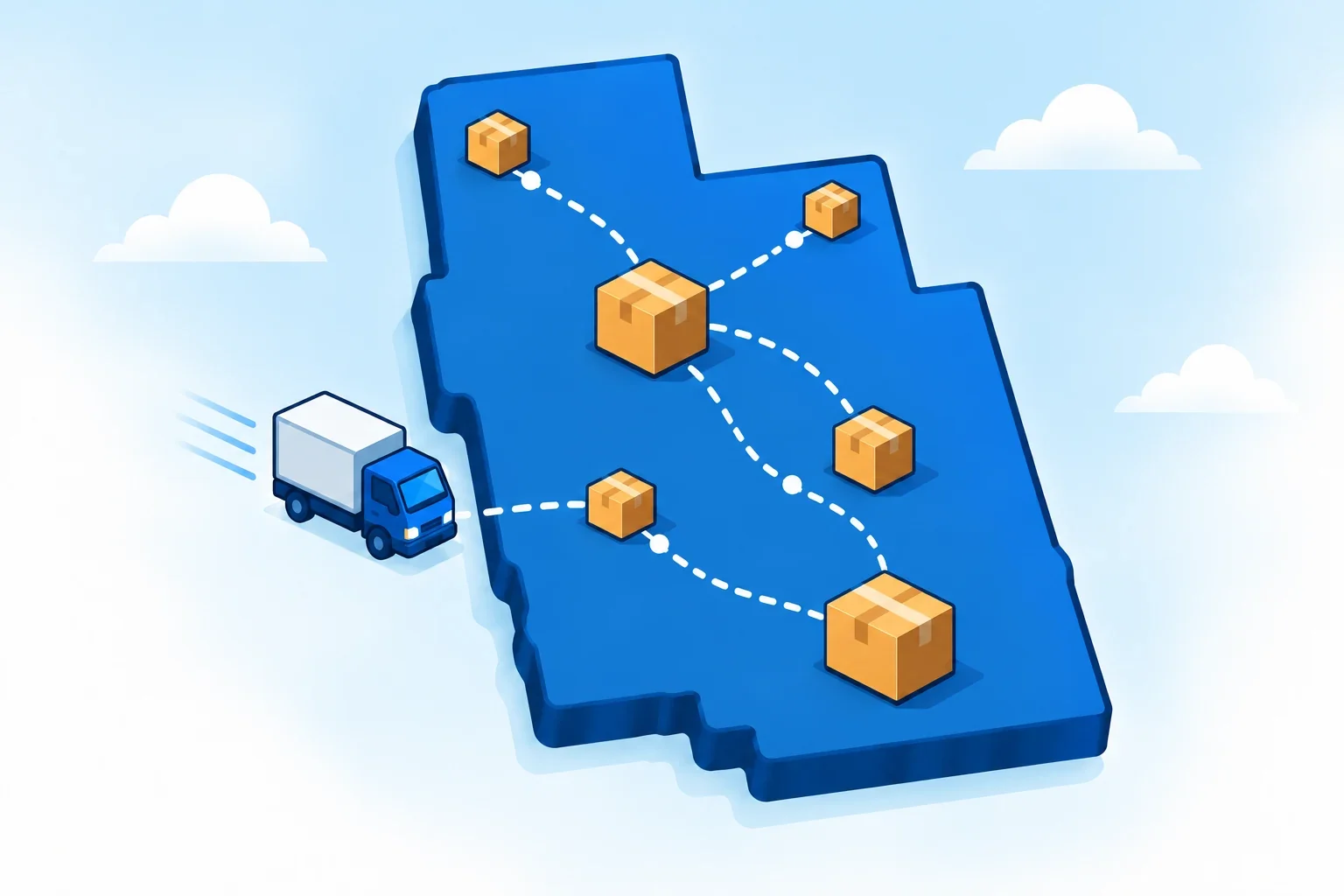 Illustrated state of Utah with shipping packages, delivery routes and a blue delivery truck