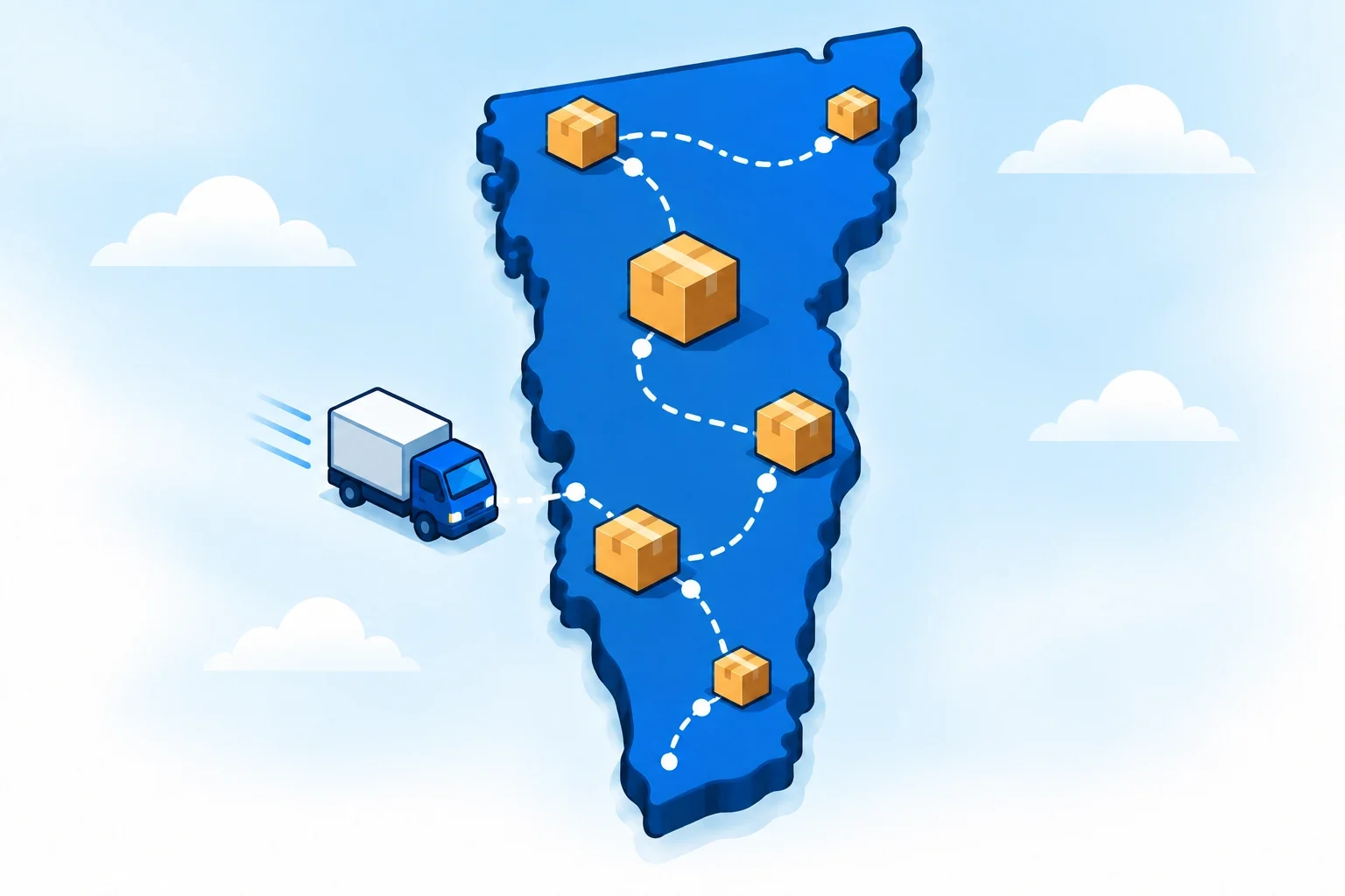 Illustrated Vermont map with shipping packages