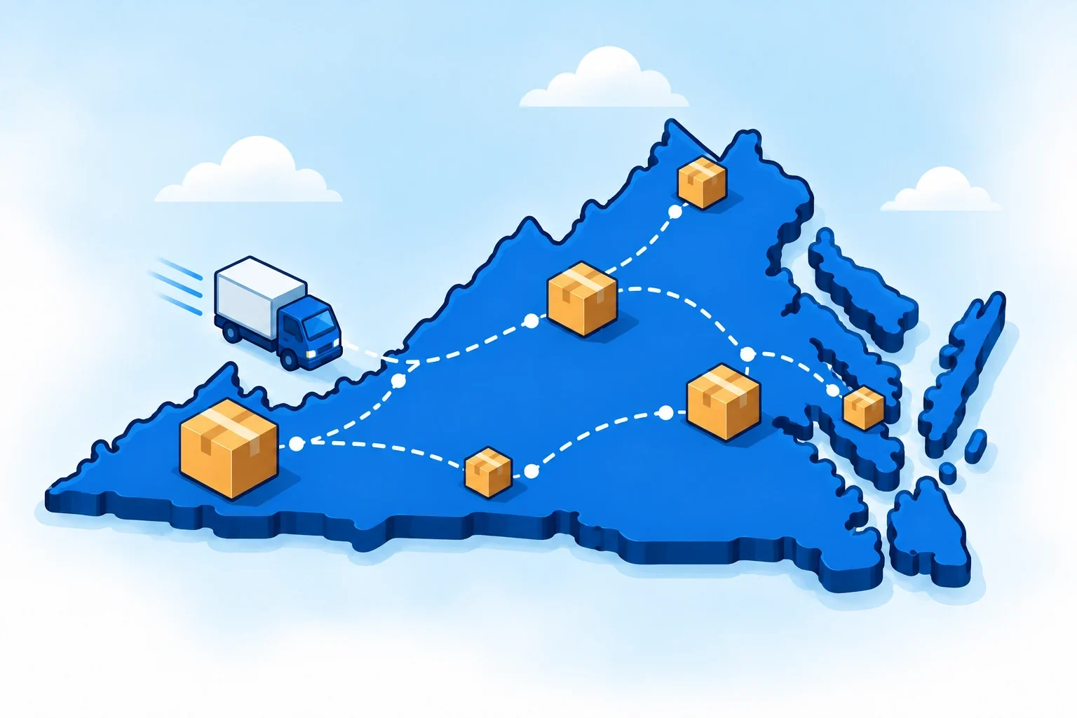 Illustrated Virginia map with shipping packages