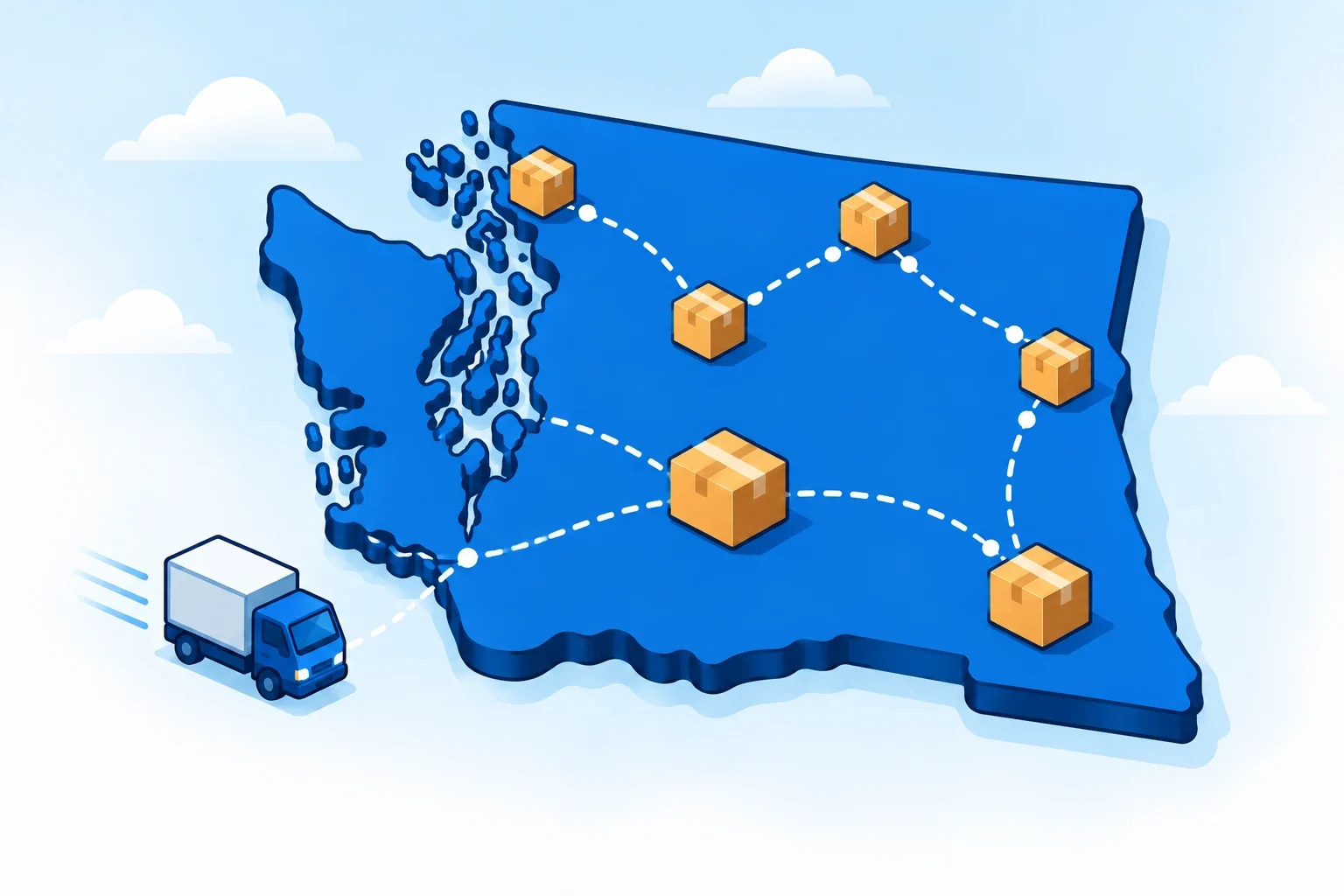 Illustrated state of Washington with shipping packages, delivery routes and a blue delivery truck