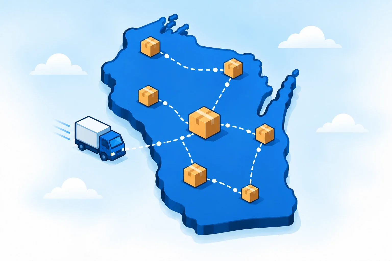 Illustrated Wisconsin map with shipping packages